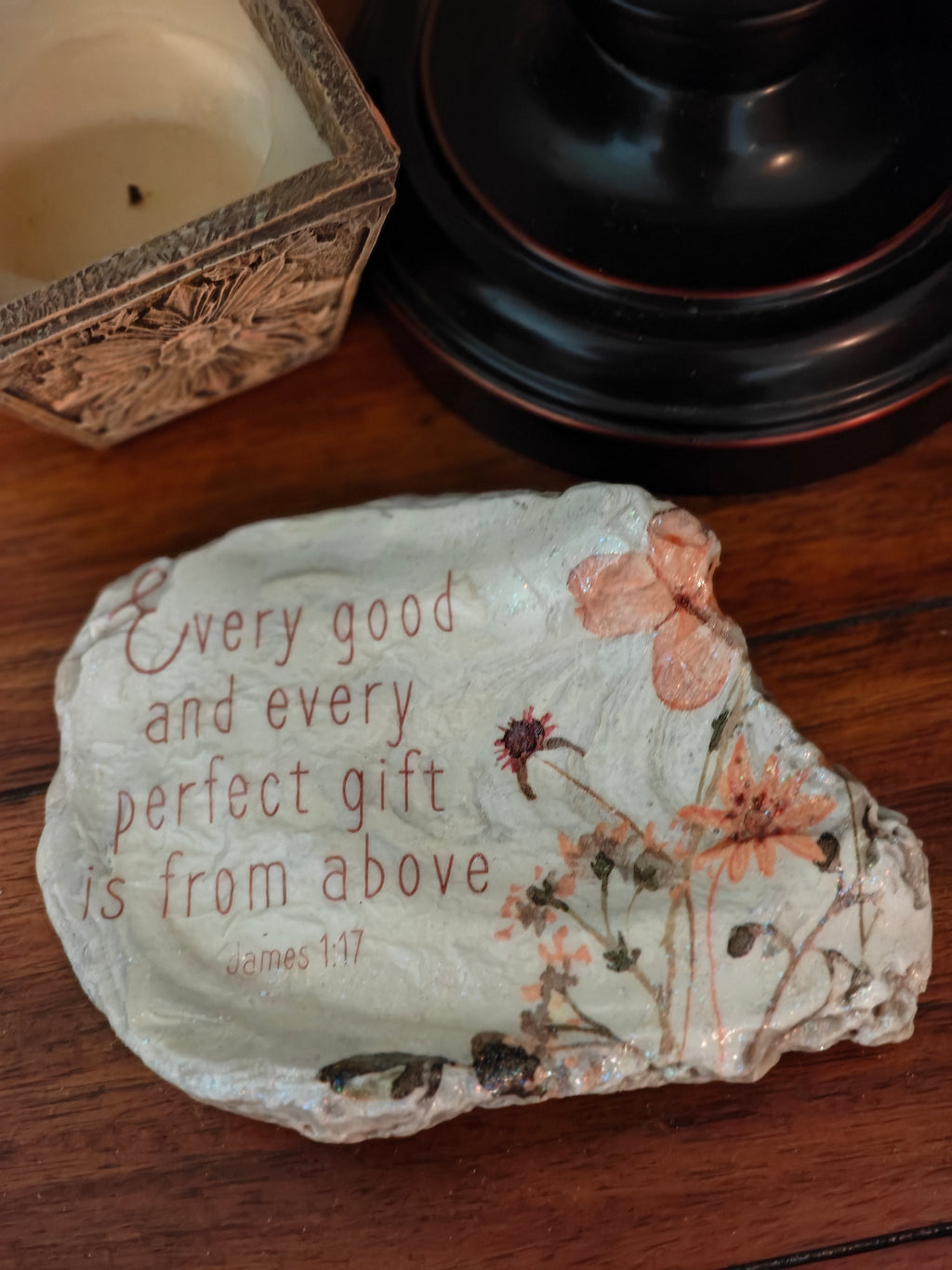 Hand-decorated natural shell featuring every good and every perfect gift is from above, James 1:17