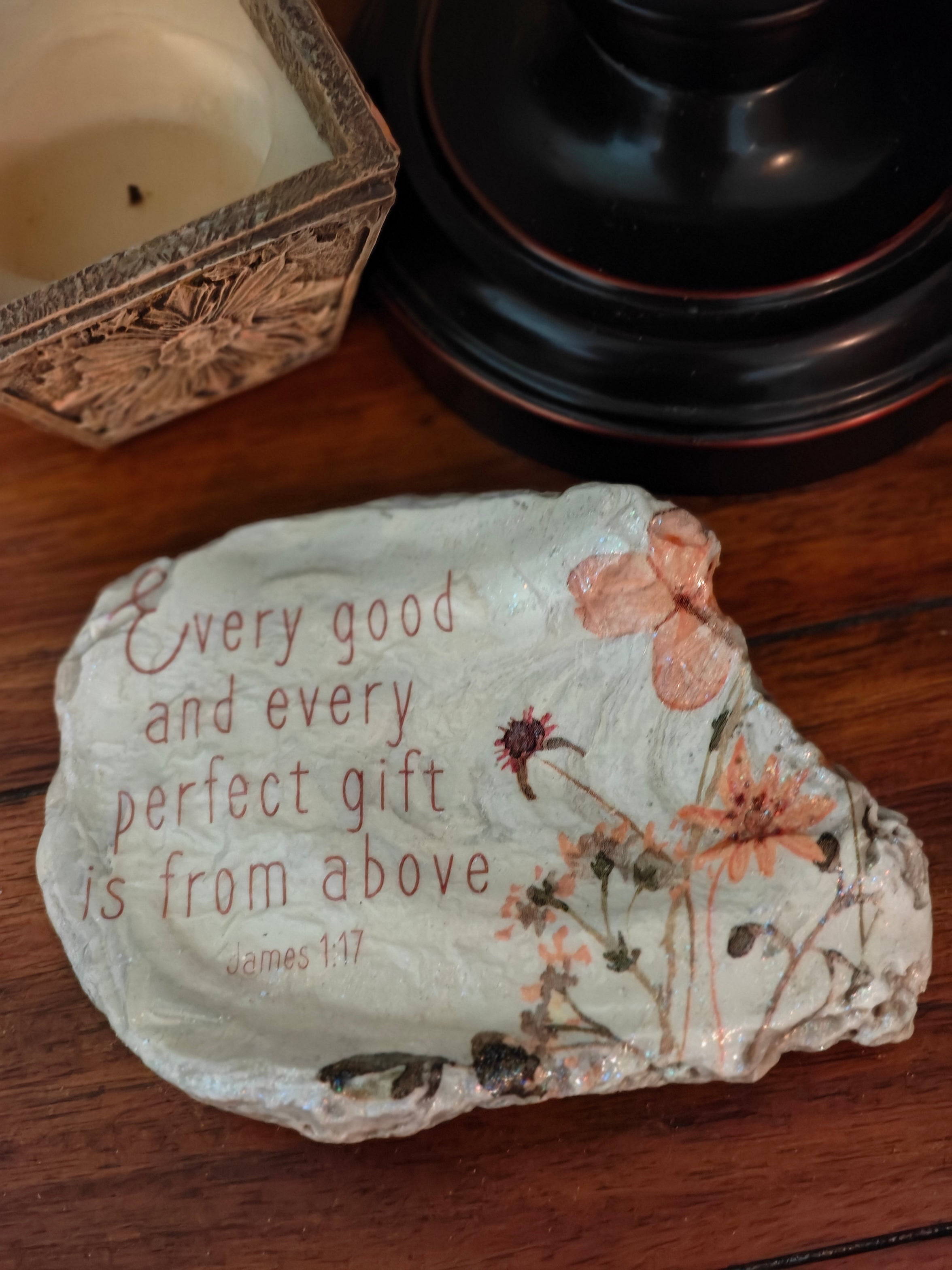 Hand-decorated natural shell featuring every good and every perfect gift is from above, James 1:17