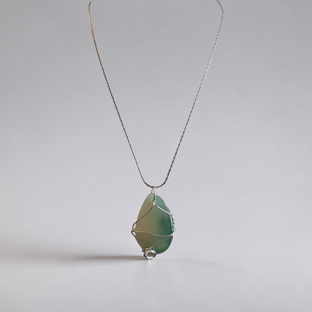 "Still Waters" Marbled Seafoam & White Wire-Wrapped Necklace