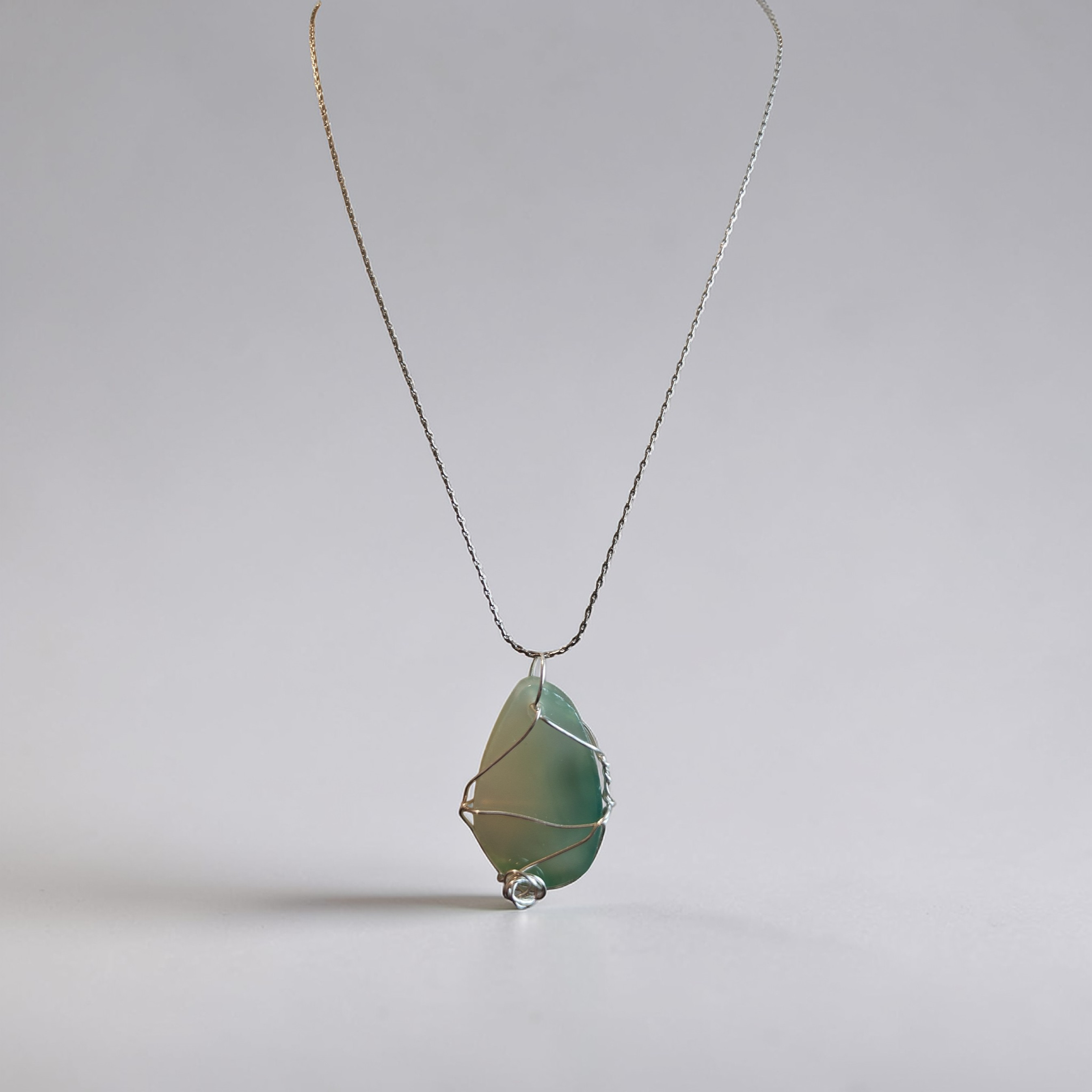"Still Waters" Marbled Seafoam & White Wire-Wrapped Necklace