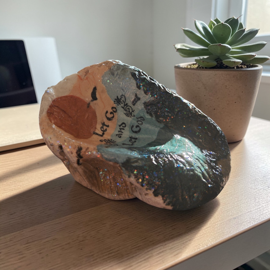 "Let Go and Let God" Mountain Peak Shell – Self-Standing Natural Decor