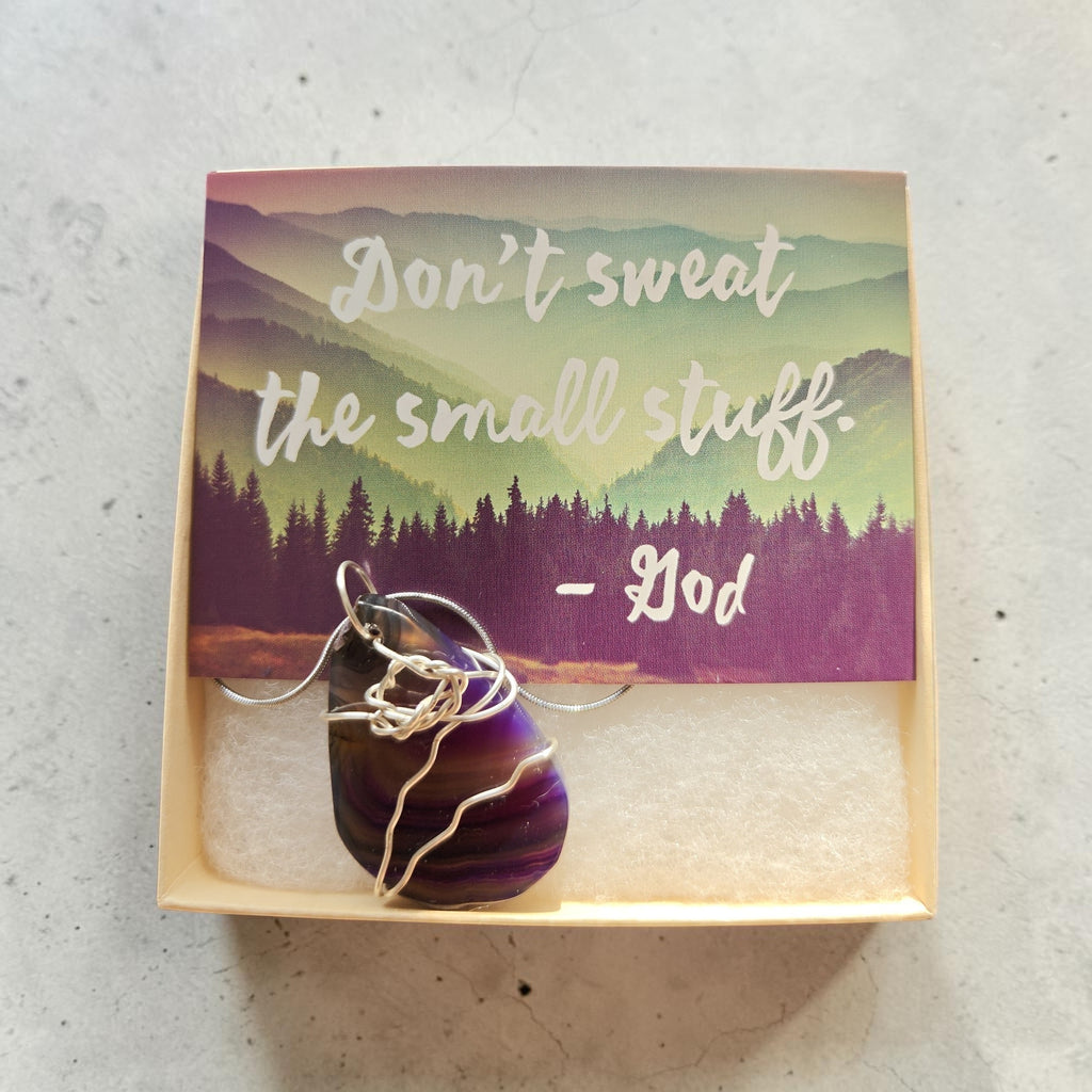 ✨ "Don't Sweat the Small Stuff" Silver Wire Wrapped Purple Swirl Natural Stone Necklace ✨