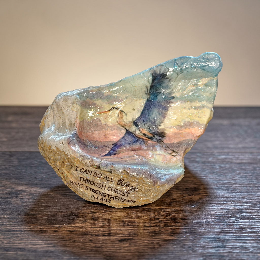 Soaring Strength" | Philippians 4:13 Hand-Decorated Blue Heron Shell