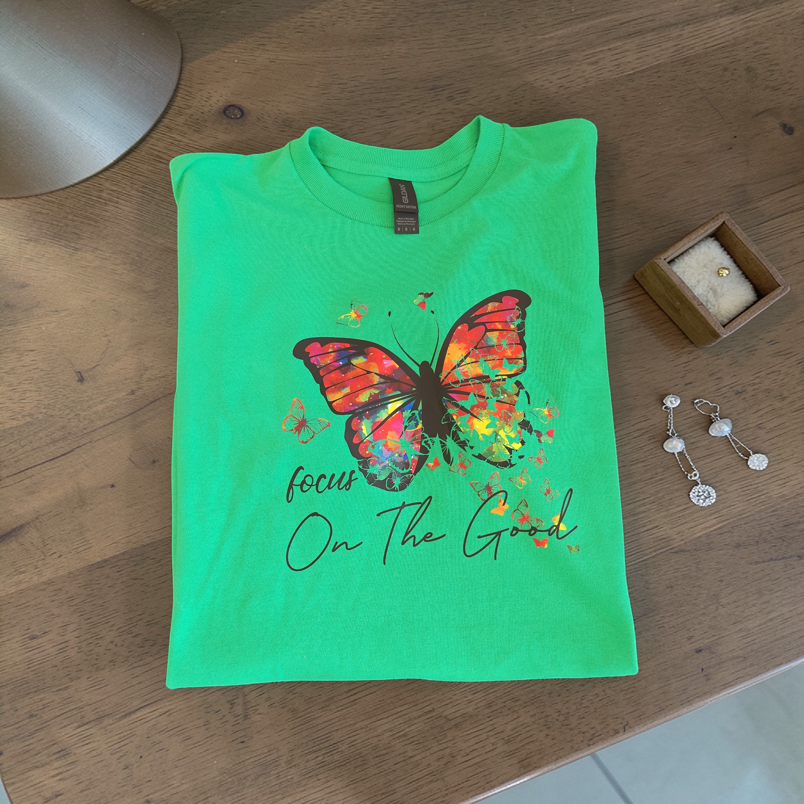 "Focus On The Good" Women’s Butterfly Graphic Tee – 100% Cotton – Size Medium