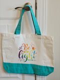 Aqua Blue "Be The Light" Colorful Canvas Tote – Large Capacity Religious Fabric Bag – Christian Gift for Women & Teachers