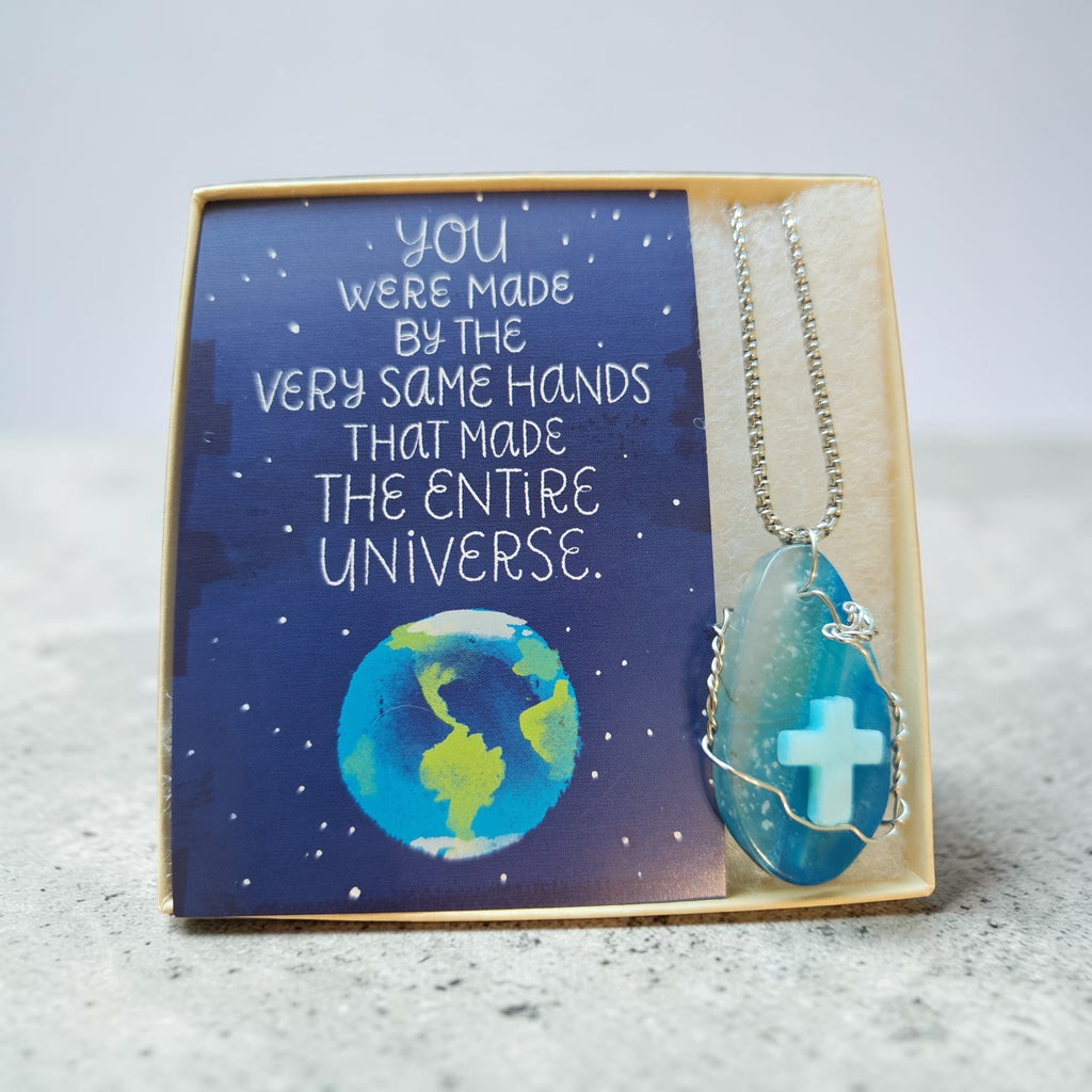 Handcrafted He Who Made The Universe Made You Wire-Wrapped Cross Necklace – Turquoise, Teal, & Light Blue