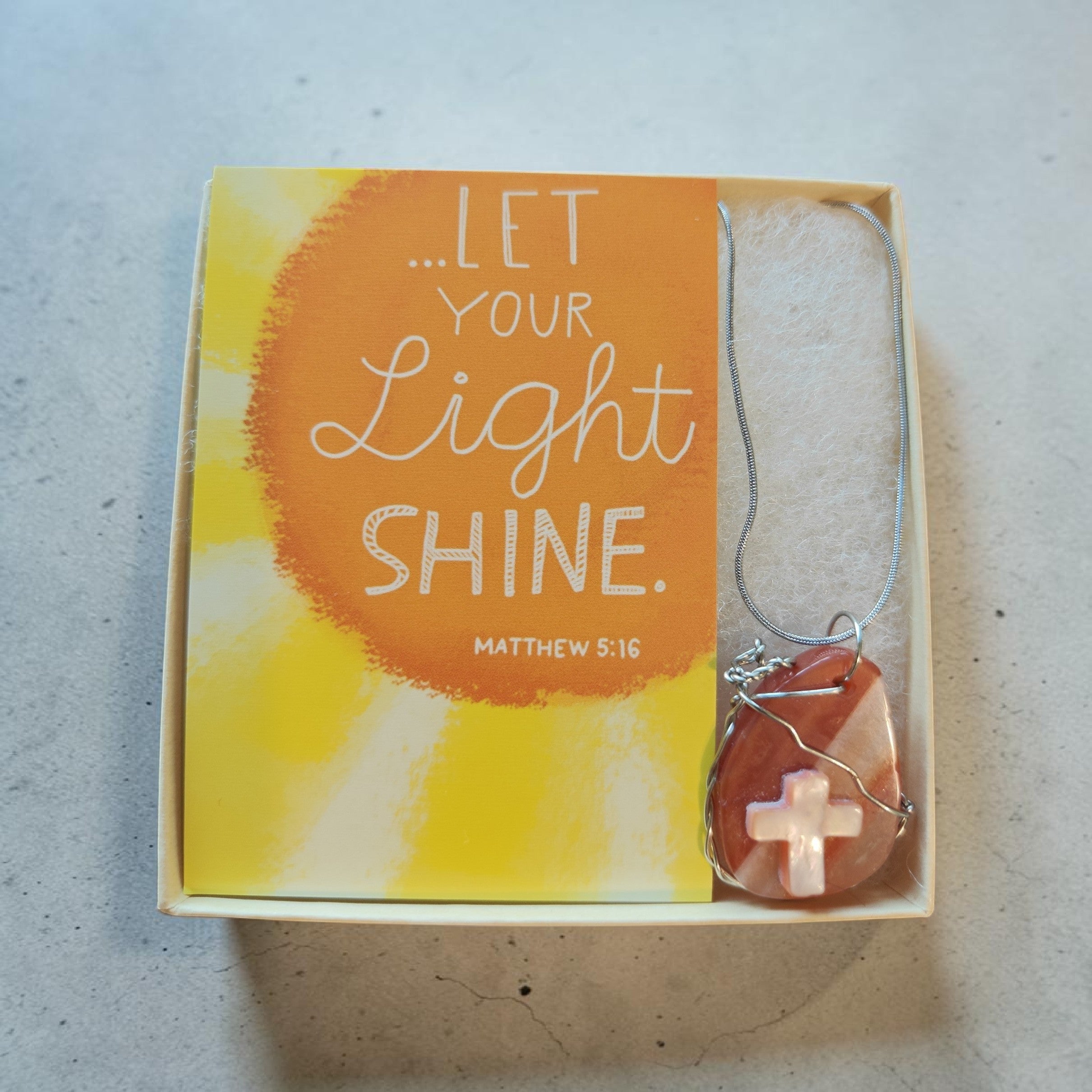 Handcrafted Orange and White Swirl Stone Wire-Wrapped Cross Pendant – 18" Stainless Steel Chain