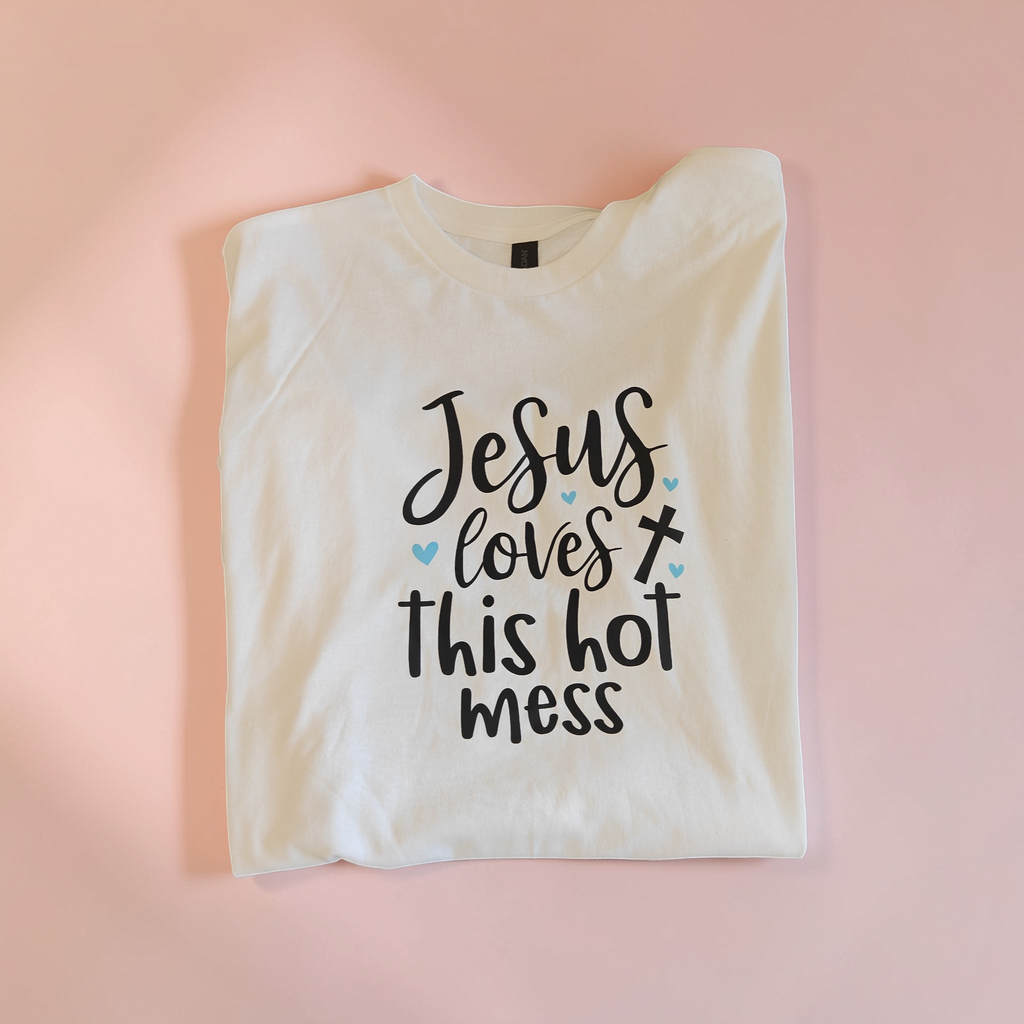 "Jesus Loves This Hot Mess" Women’s White Cotton Tee – 100% Cotton – Size XL