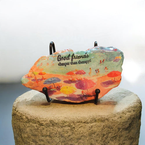 "Good Friends Better Than Therapy" Decoupage Shell | Vibrant Beach Scene Decor
