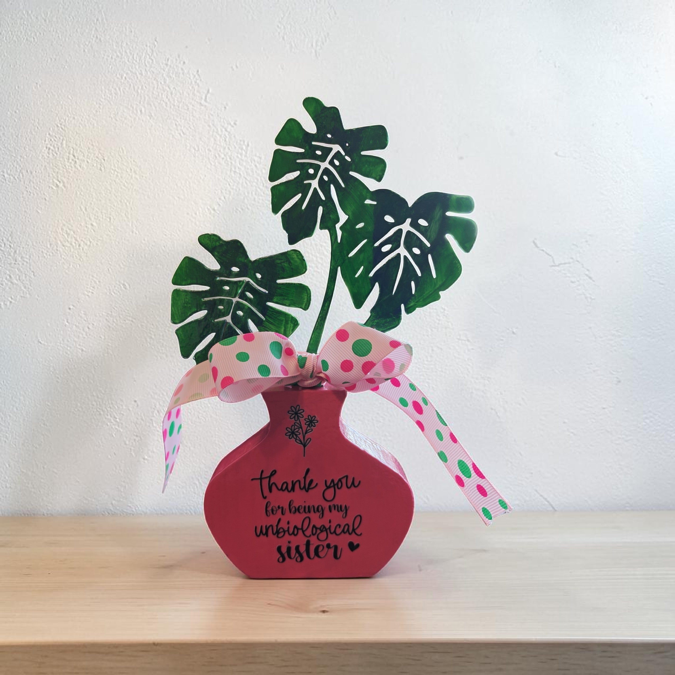"Thank You For Being My Unbiological Sister" Faux Plant Decor – Hot Pink Wooden Pot with Polka Dot Ribbon