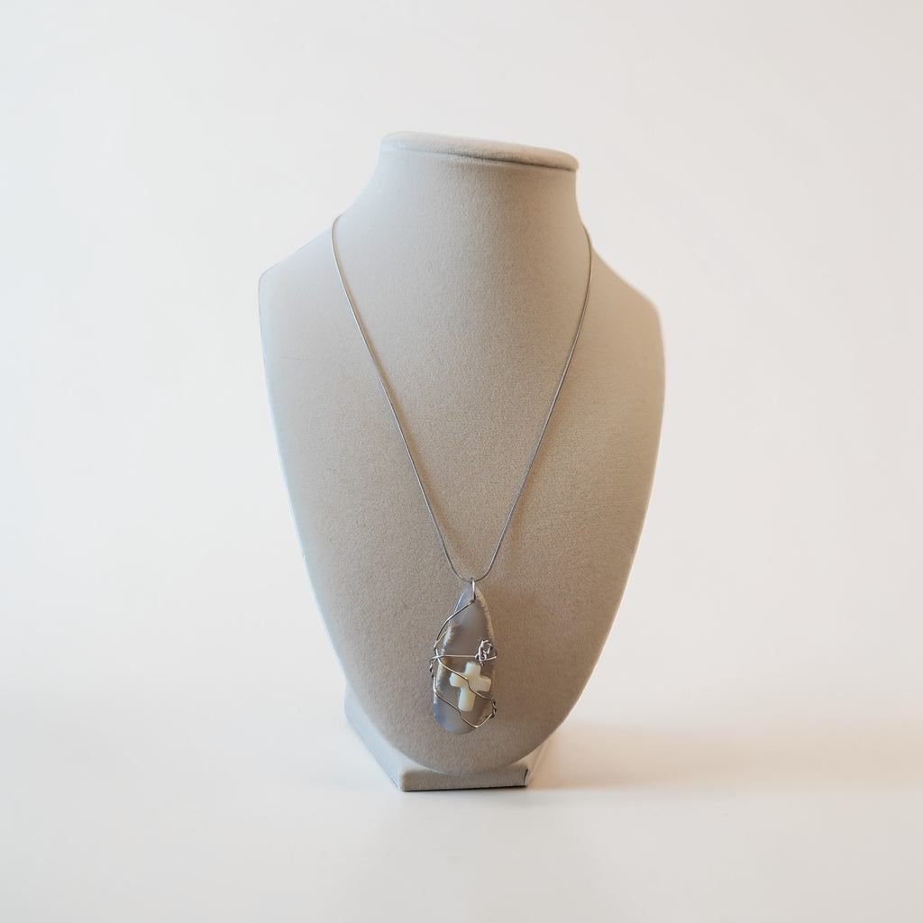 Handcrafted Wire-Wrapped Clear Stone Necklace with Cream Cross Accent