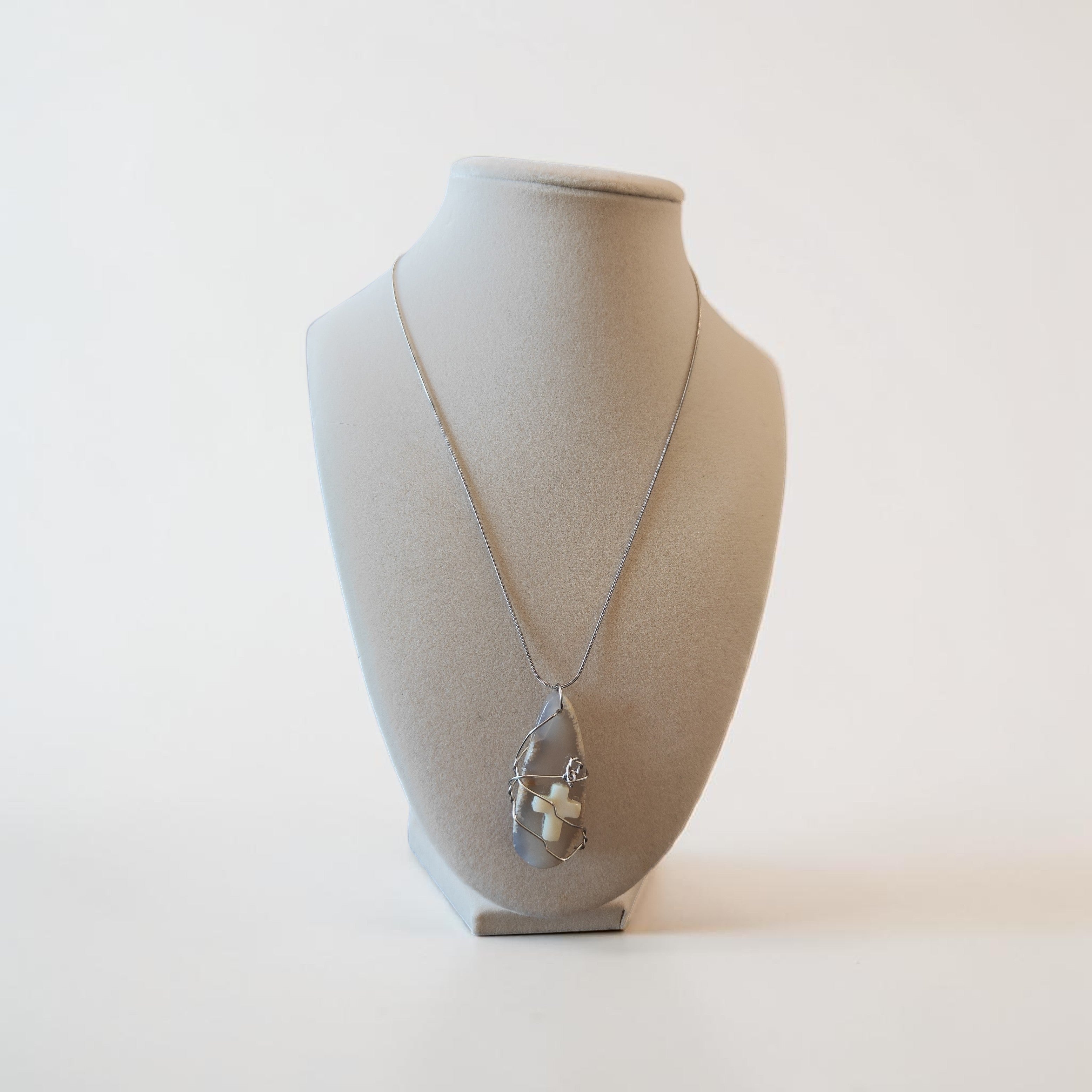 Handcrafted Wire-Wrapped Clear Stone Necklace with Cream Cross Accent