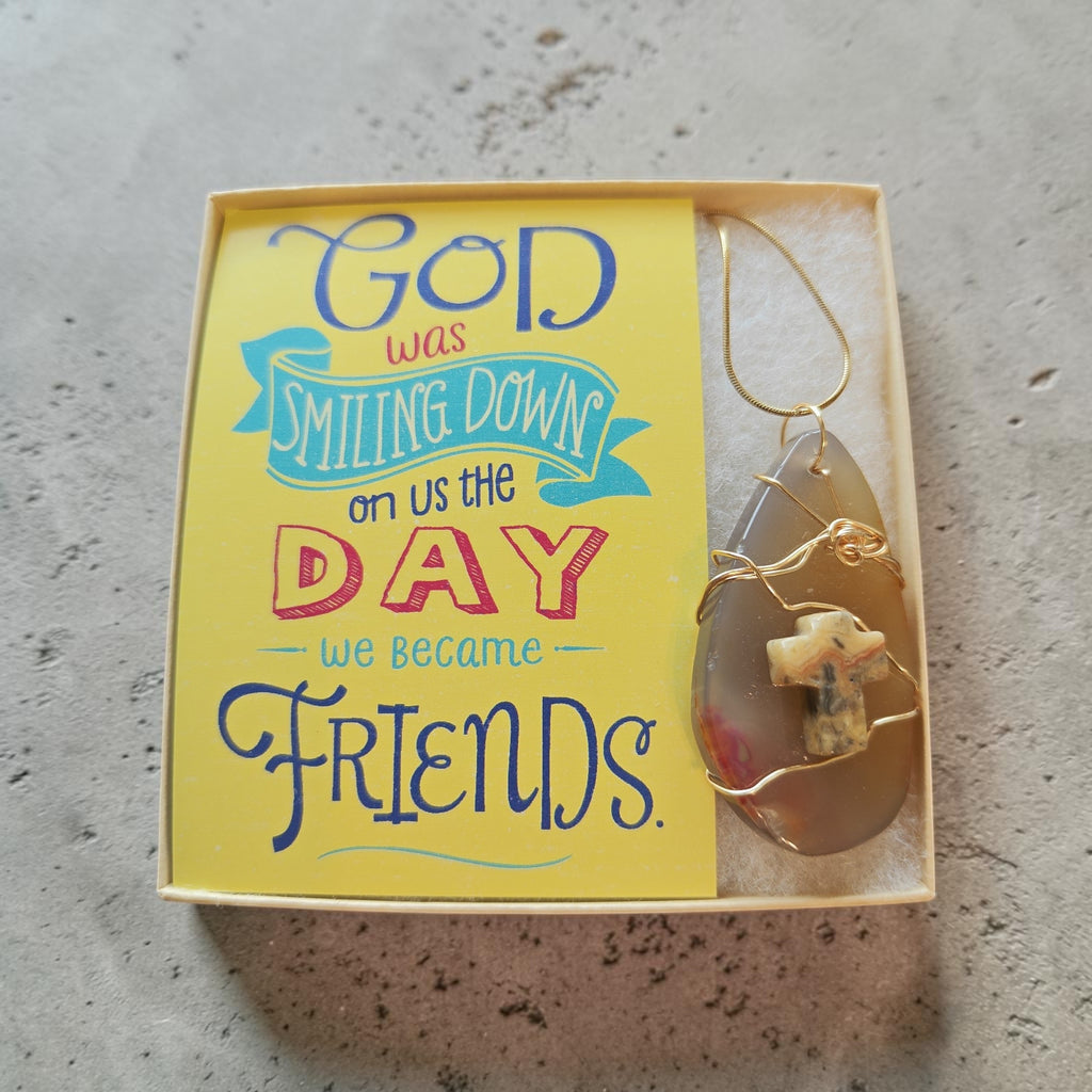 Golden Light Wire-Wrapped Natural Stone Cross Necklace – 18k Gold Plated Chain with Prayer Card