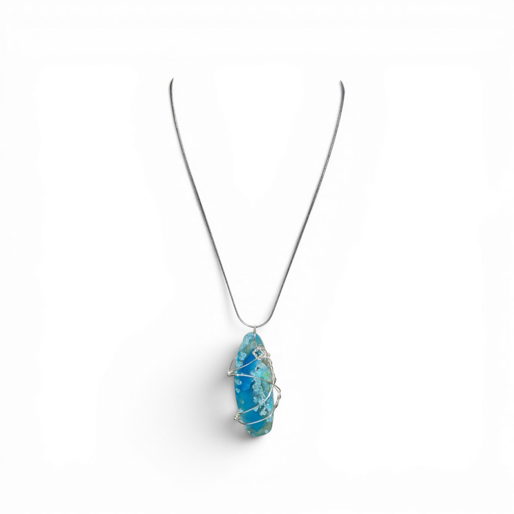 "Living Waters" Hand-Wrapped Turquoise & Crystal Stone – Stainless