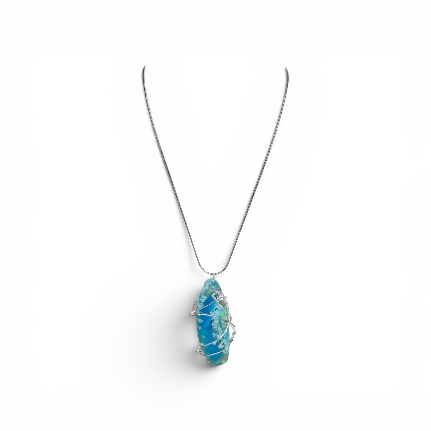 "Living Waters" Hand-Wrapped Turquoise & Crystal Stone – Stainless