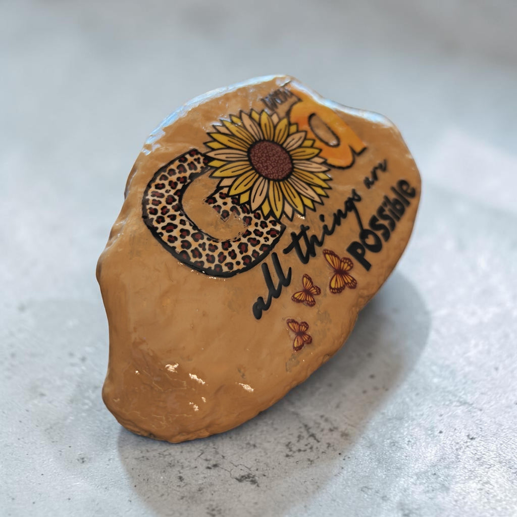 "With God All Things Are Possible" – Hand-Painted Medium Mustard Stone