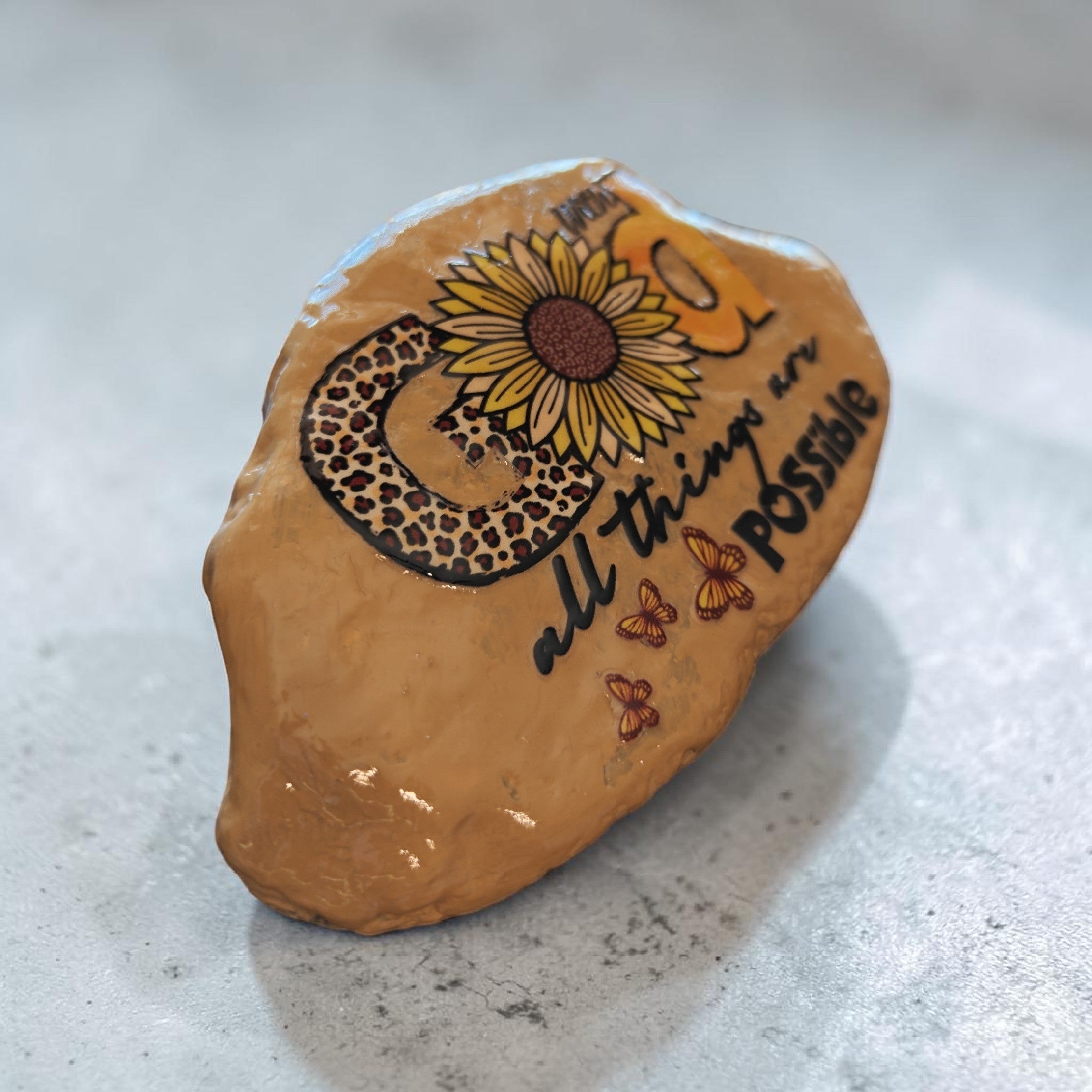 "With God All Things Are Possible" – Hand-Painted Medium Mustard Stone
