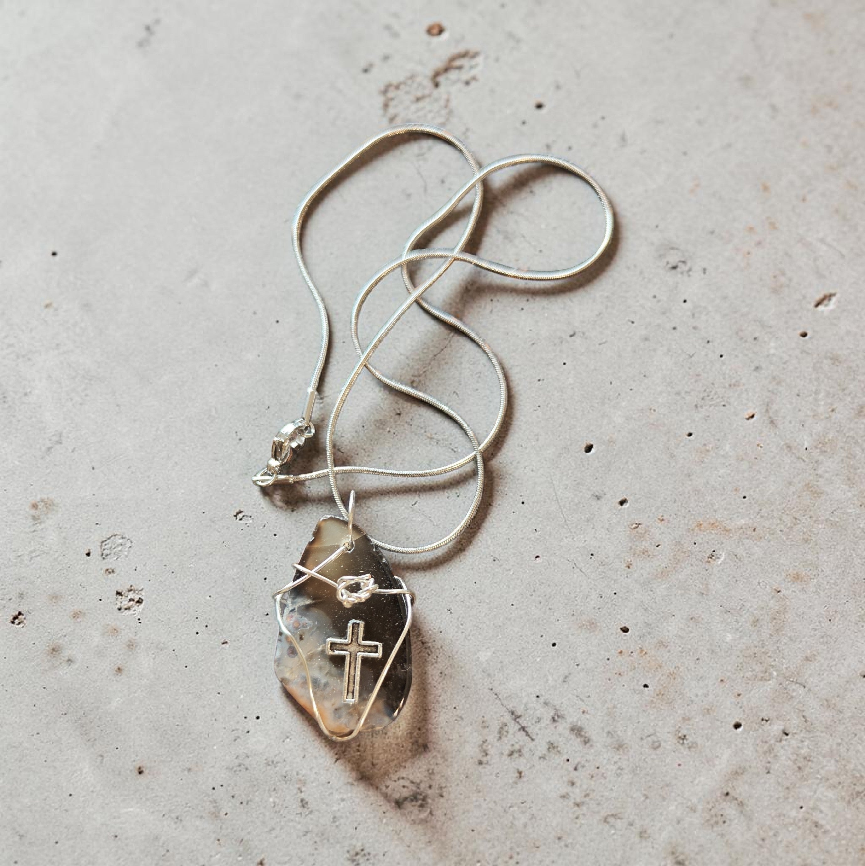 Silver Wire-Wrapped Natural Stone Cross Necklace – Black, White, & Tan