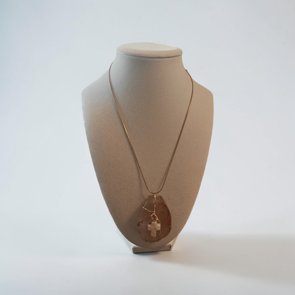 Handcrafted Cream & Gold Natural Stone Wire-Wrapped Cross Necklace Gift Set