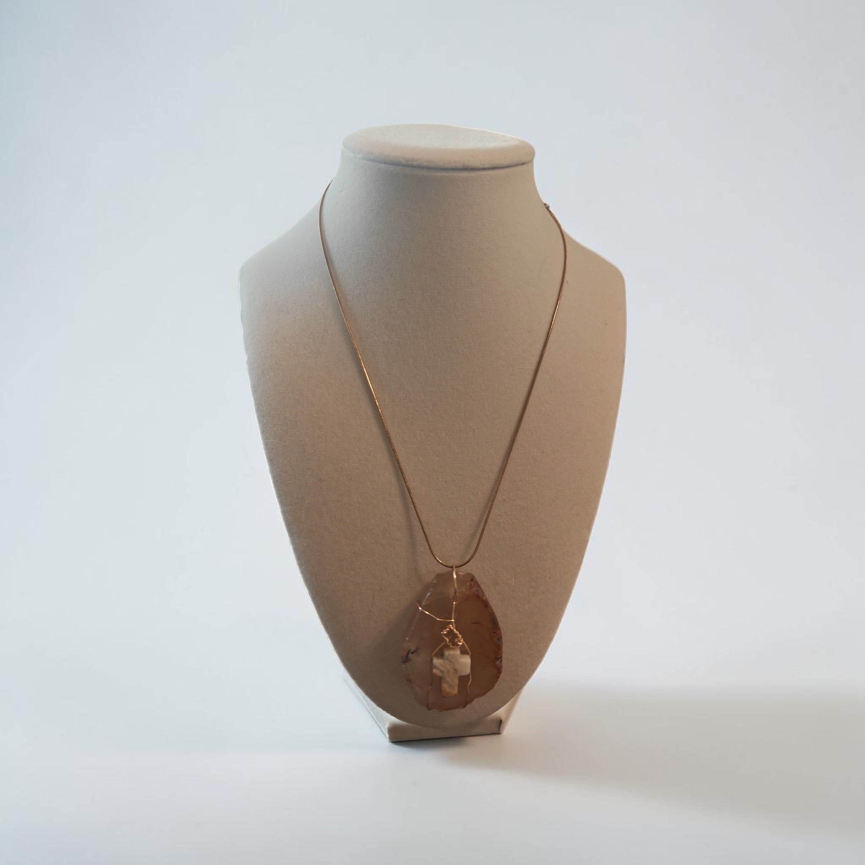 Handcrafted Cream & Gold Natural Stone Wire-Wrapped Cross Necklace Gift Set