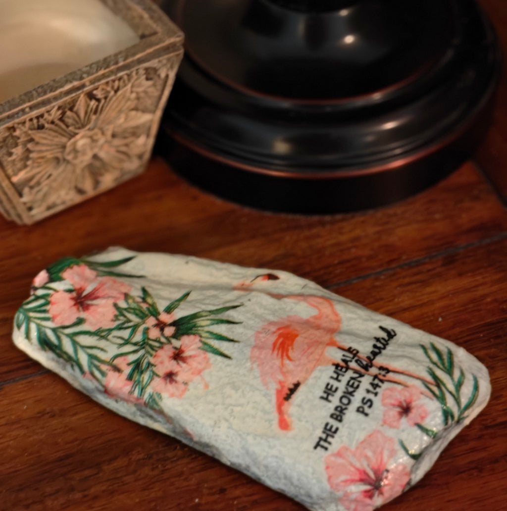 He heals the broken-hearted flamingo hand-decorated rock