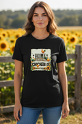 "Home Is Where My Chicken Is" Women’s Black 100% Cotton Tee – Sunflowers & Chickens – Size Large