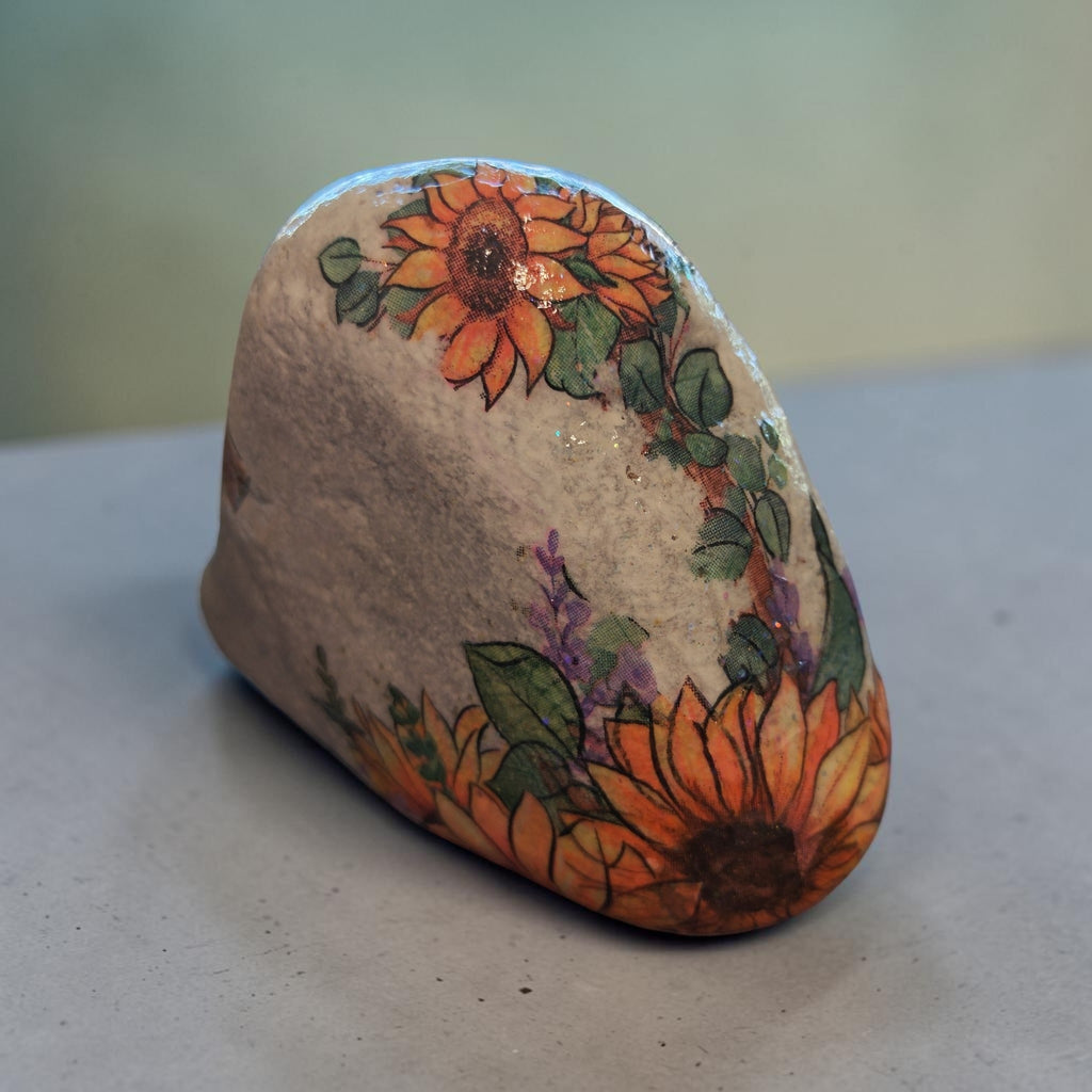 "So Will I" Sunflower and Cross Faith-Based Medium River Stone