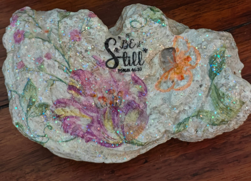 Be Still" Hand-Decorated Purple Floral Shell – Orange Butterfly Scripture Gift