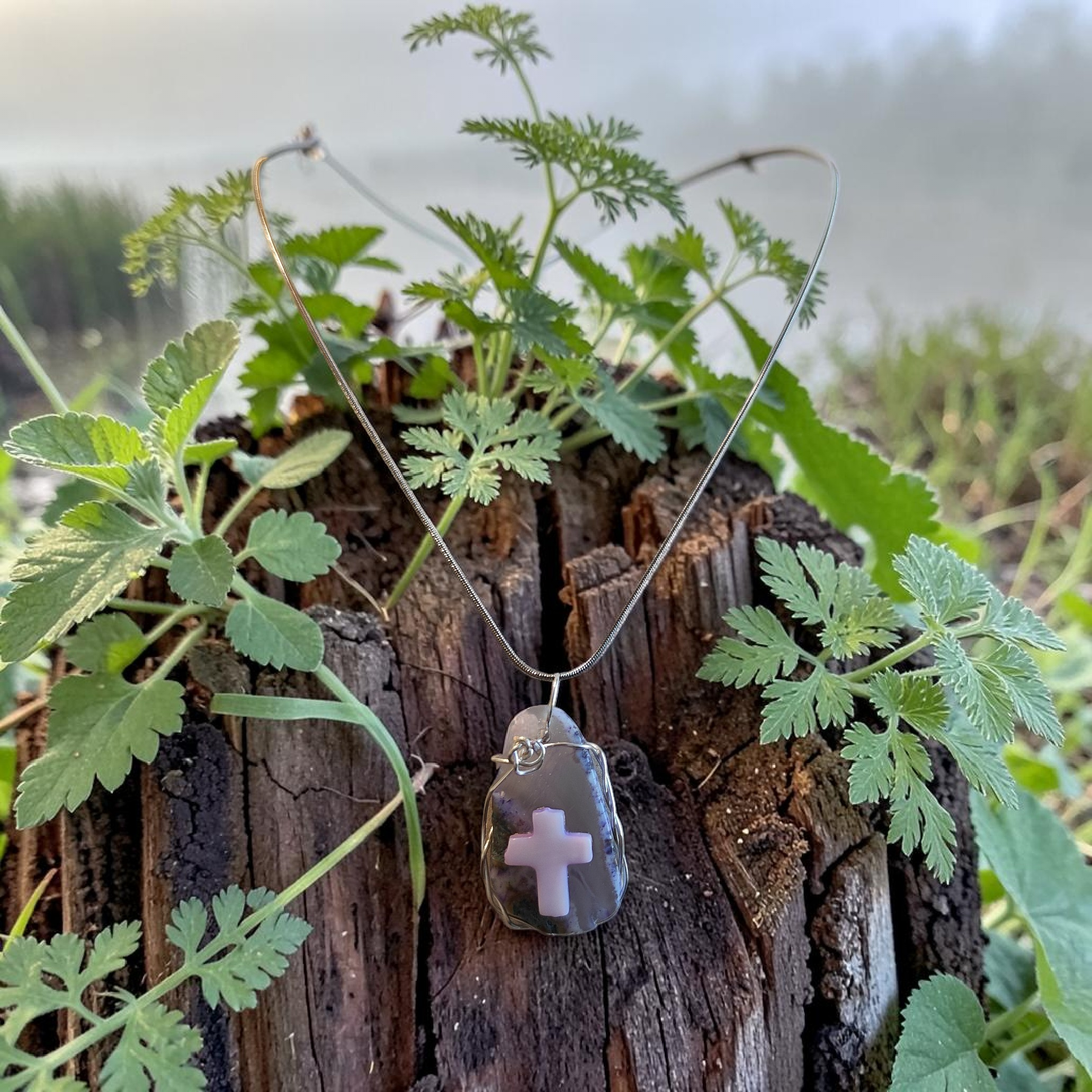 Silver Wire Wrapped Lavender Cross Necklace – Natural Purple & Green Tones