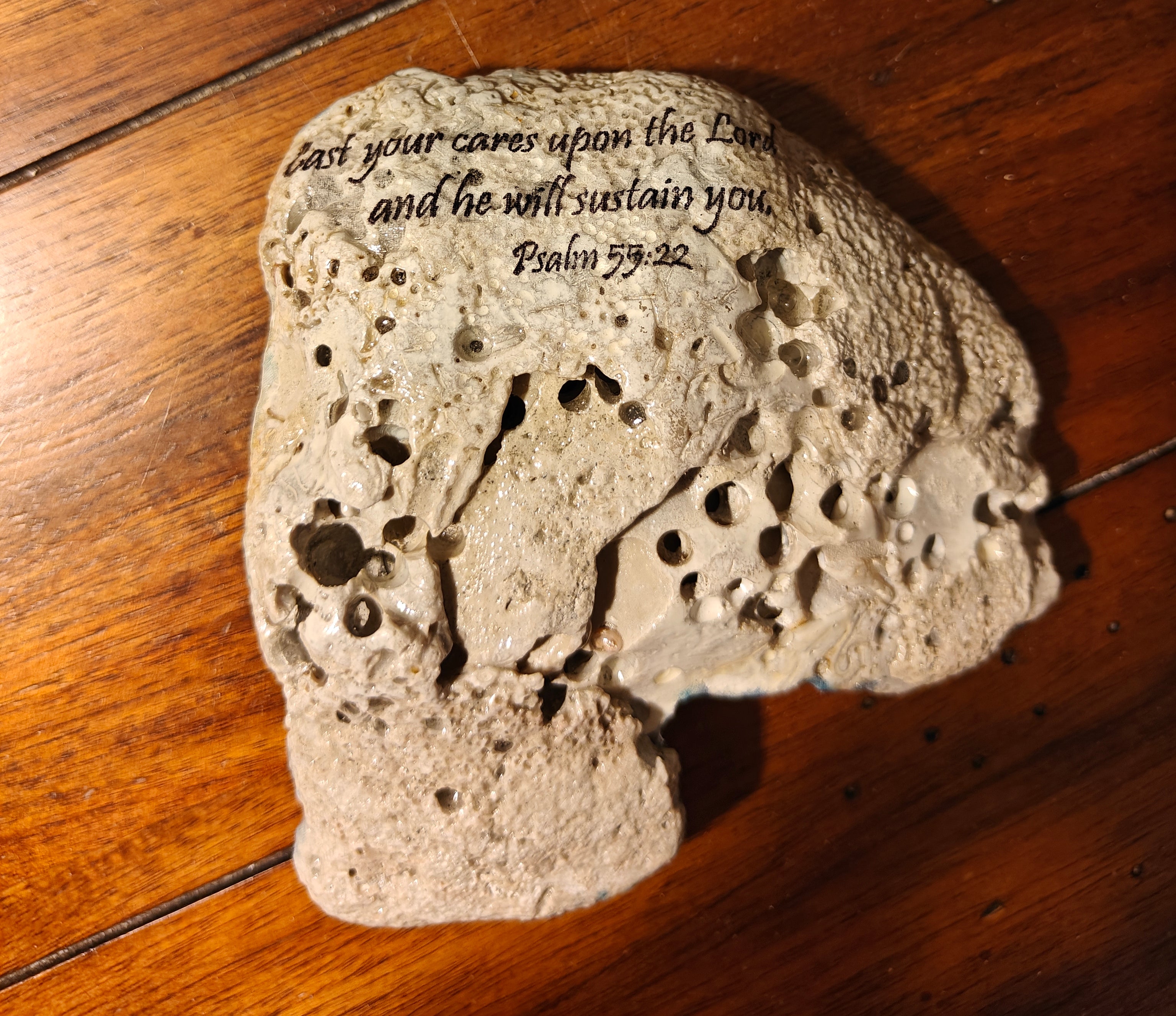 Cast Your Cares" Winter Cabin Shell – Psalm 55:22 Hand-Decorated Snow Scene