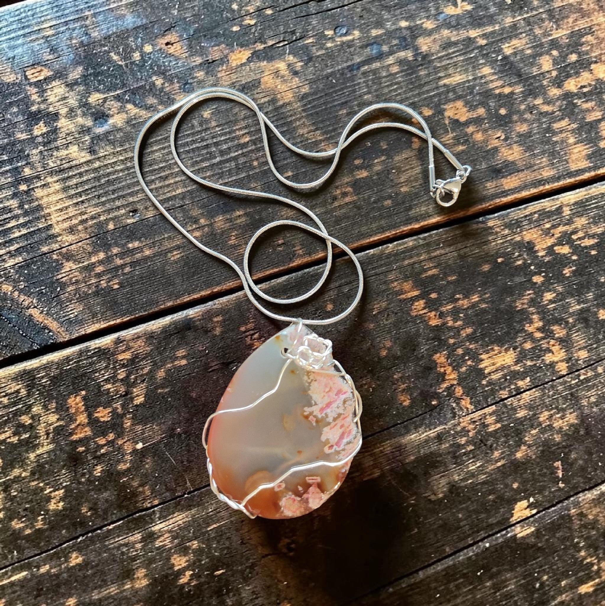 Natural Pink and Orange Stone Pendant, Stainless Steel Wire Wrapped Necklace with 18" Chain, Prayer Card Gift Box