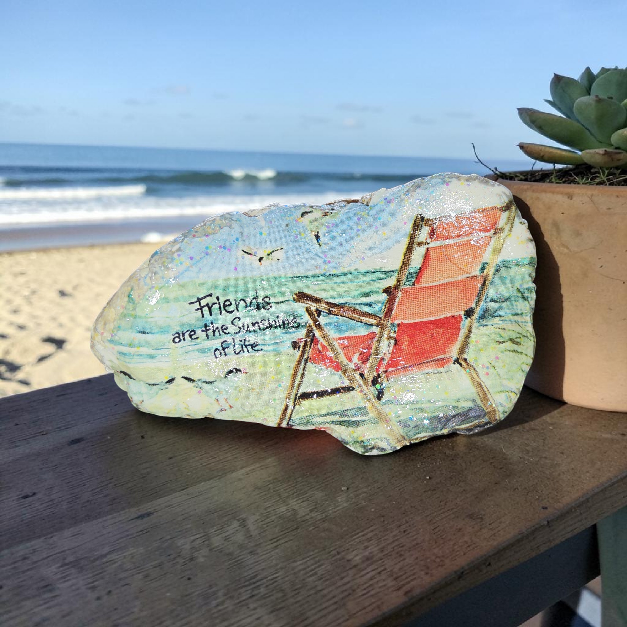 "Friends Are The Sunshine of Life" Beach Chair & Seagulls Natural Shell