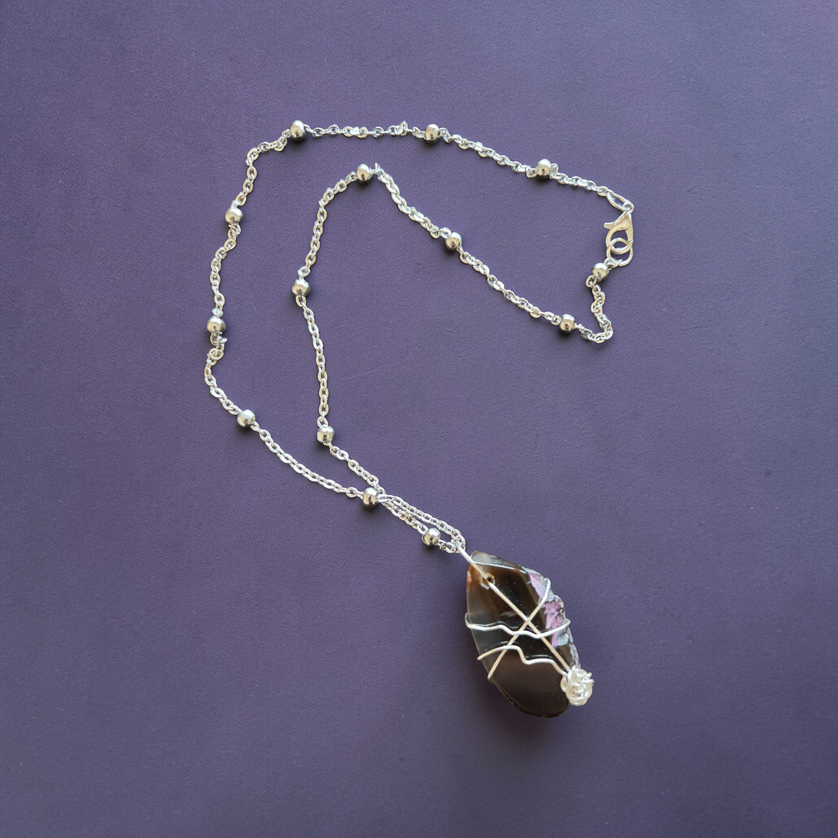 "Fearfully Made" Natural Purple Stone Pendant – Stainless Steel Beaded Chain