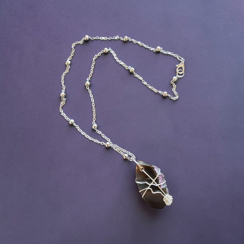 "Fearfully Made" Natural Purple Stone Pendant – Stainless Steel Beaded Chain