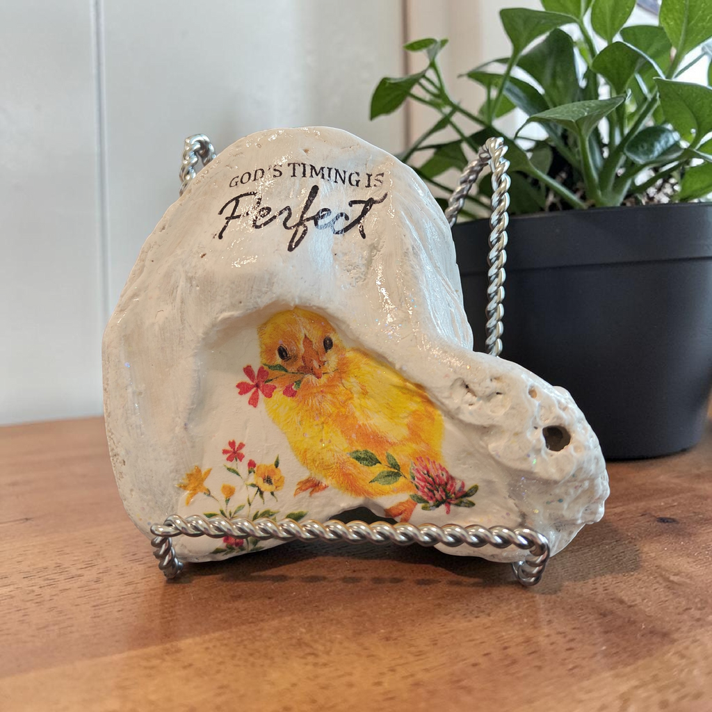 Baby Chick & Wildflower Scripture Shell – Natural Home Decor God's Timing Is Perfect