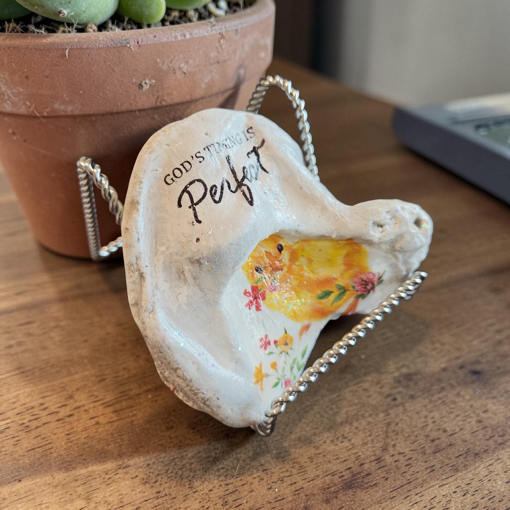 Baby Chick & Wildflower Scripture Shell – Natural Home Decor God's Timing Is Perfect