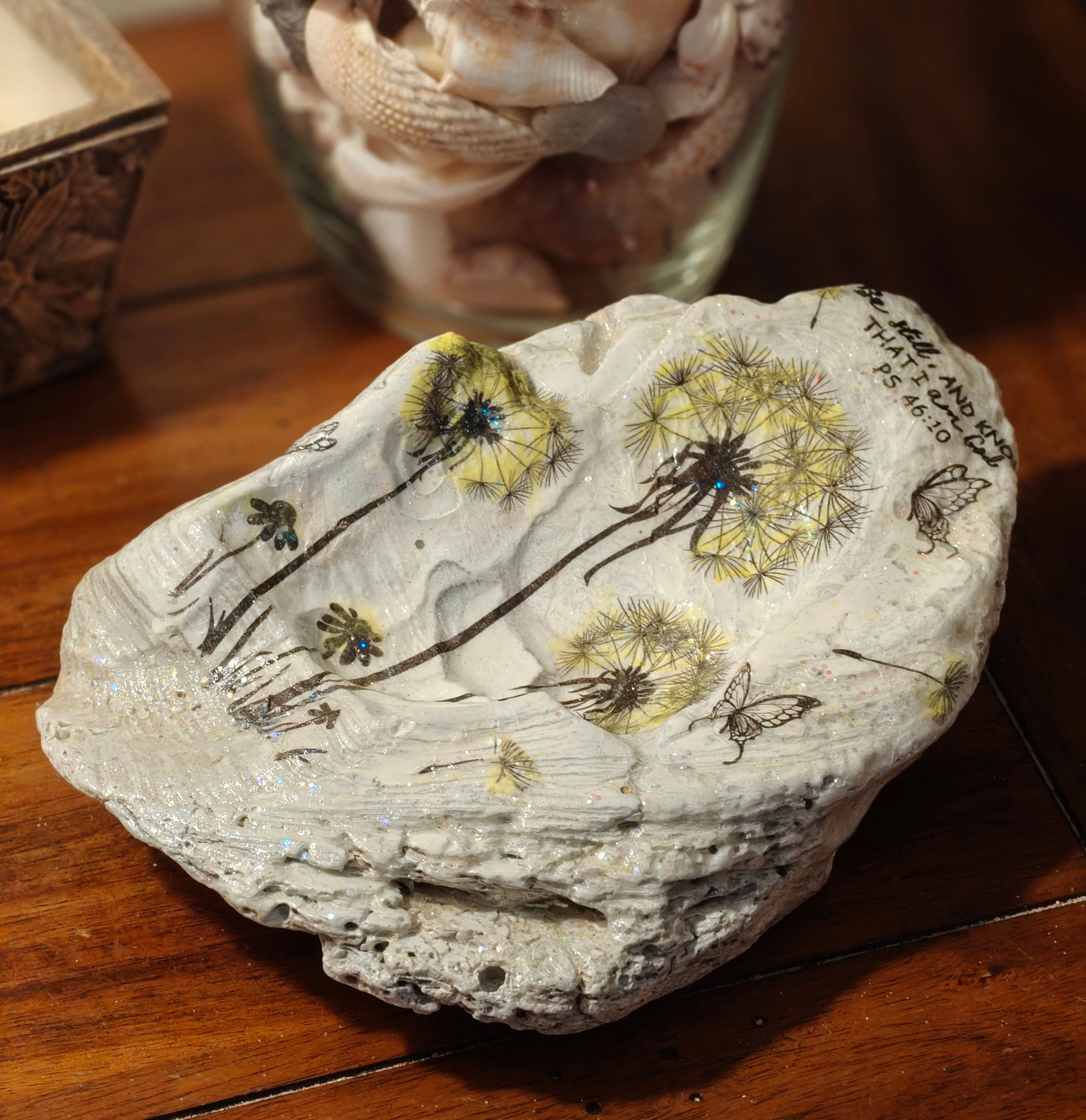 Be Still" Hand-Decorated Decorative Shell – Dandelion & Butterfly Scripture Art
