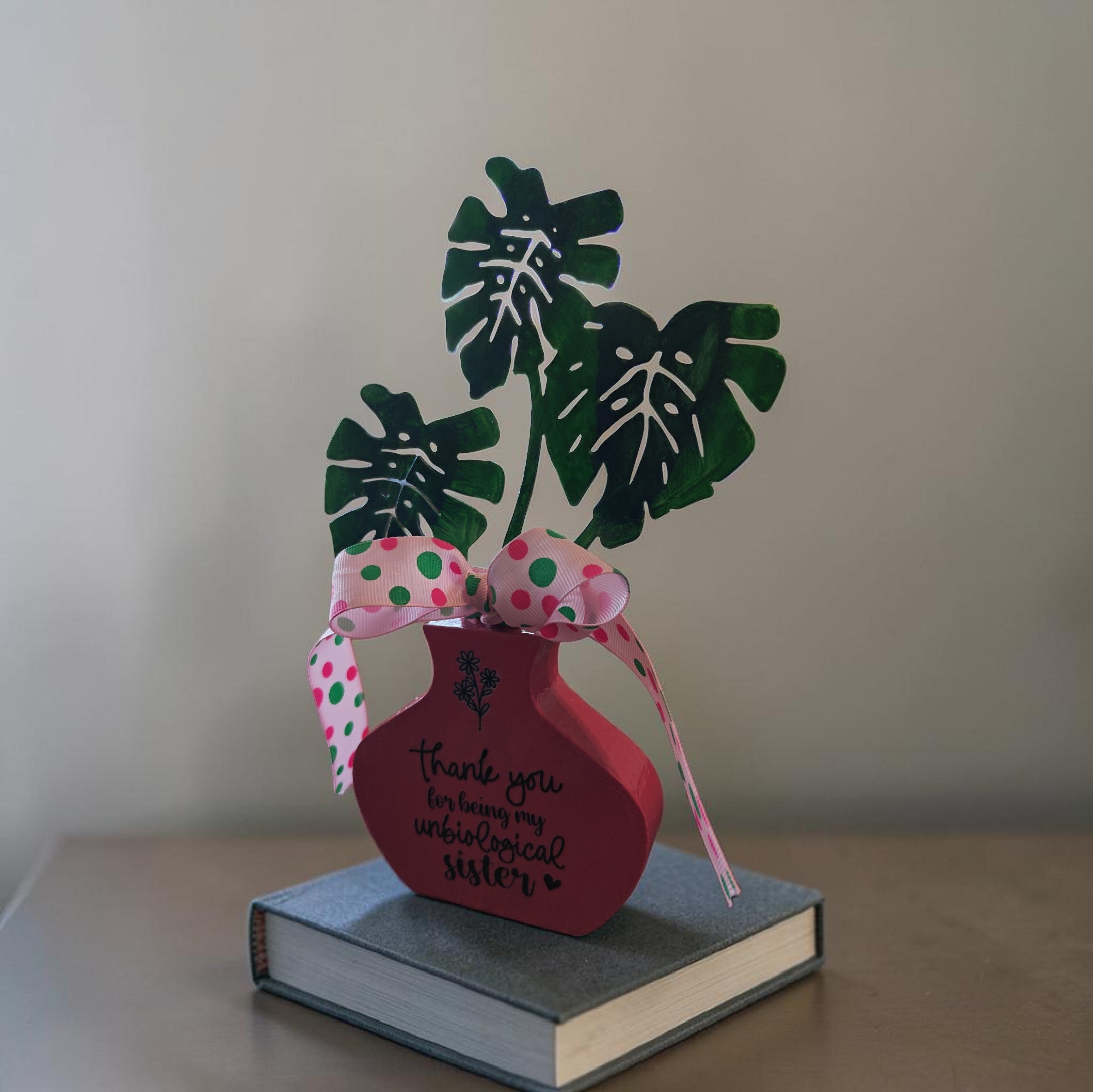 "Thank You For Being My Unbiological Sister" Faux Plant Decor – Hot Pink Wooden Pot with Polka Dot Ribbon