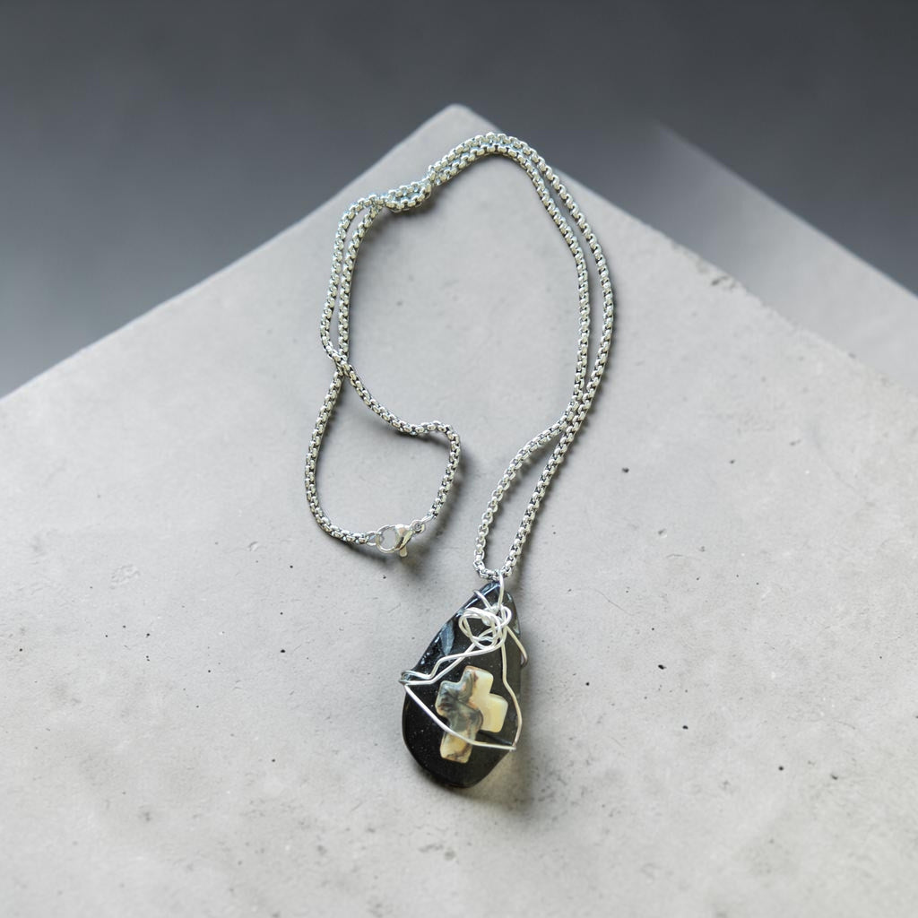 Divine Grace Wire-Wrapped Black Stone Cross Necklace