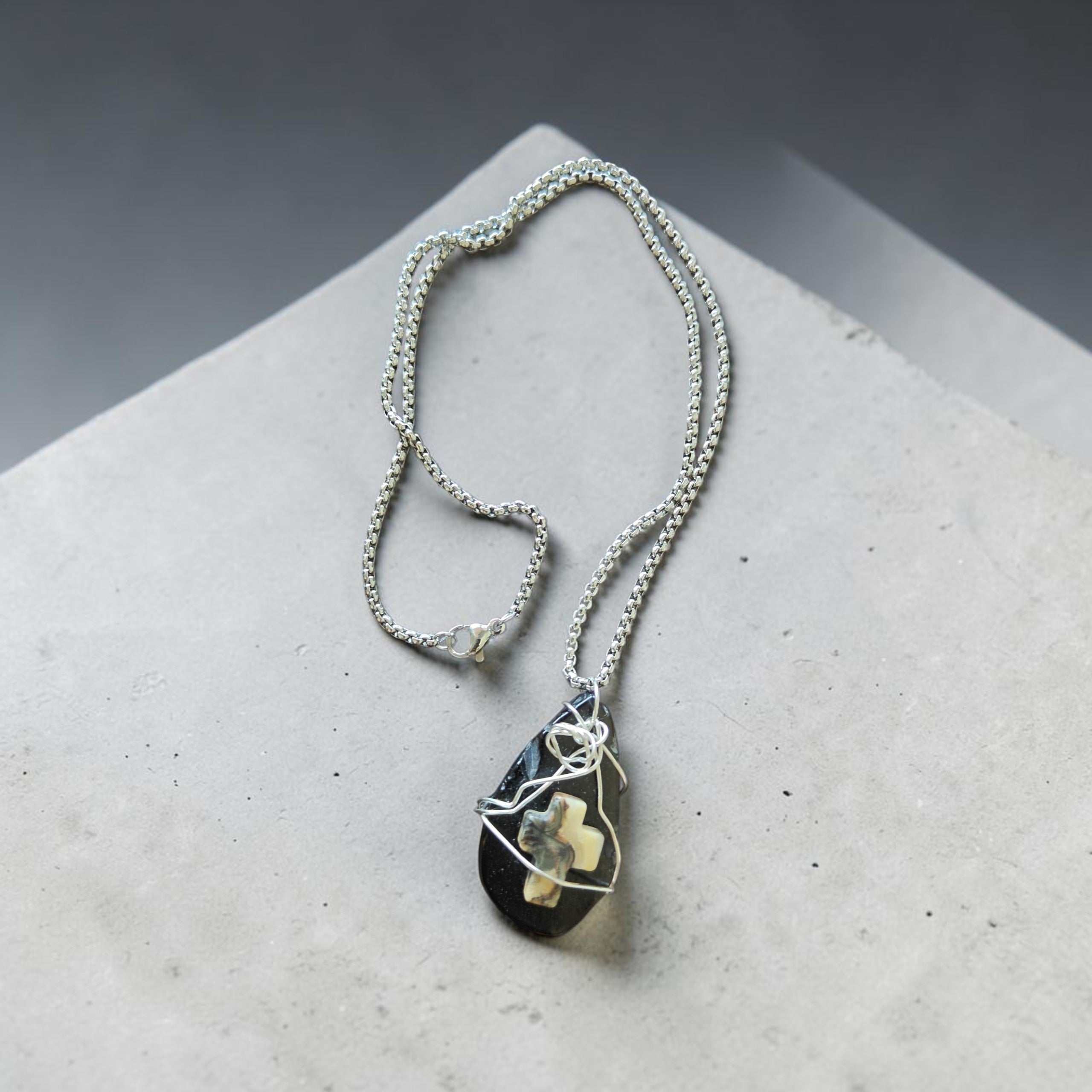 Divine Grace Wire-Wrapped Black Stone Cross Necklace