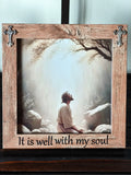 It Is Well With My Soul" Framed Art – Jesus in Prayer Scene – Classic Brown Frame with Stand
