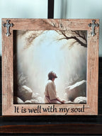 It Is Well With My Soul" Framed Art – Jesus in Prayer Scene – Classic Brown Frame with Stand