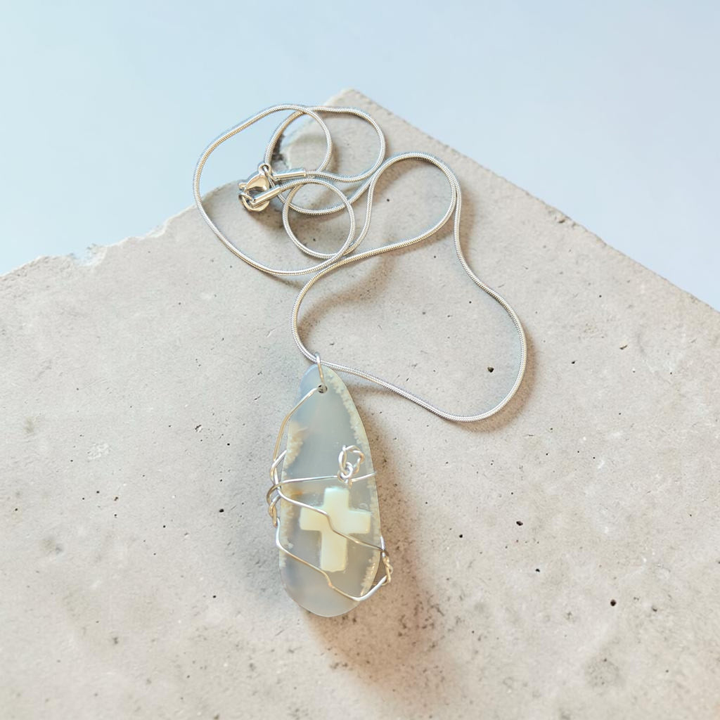 Handcrafted Wire-Wrapped Clear Stone Necklace with Cream Cross Accent