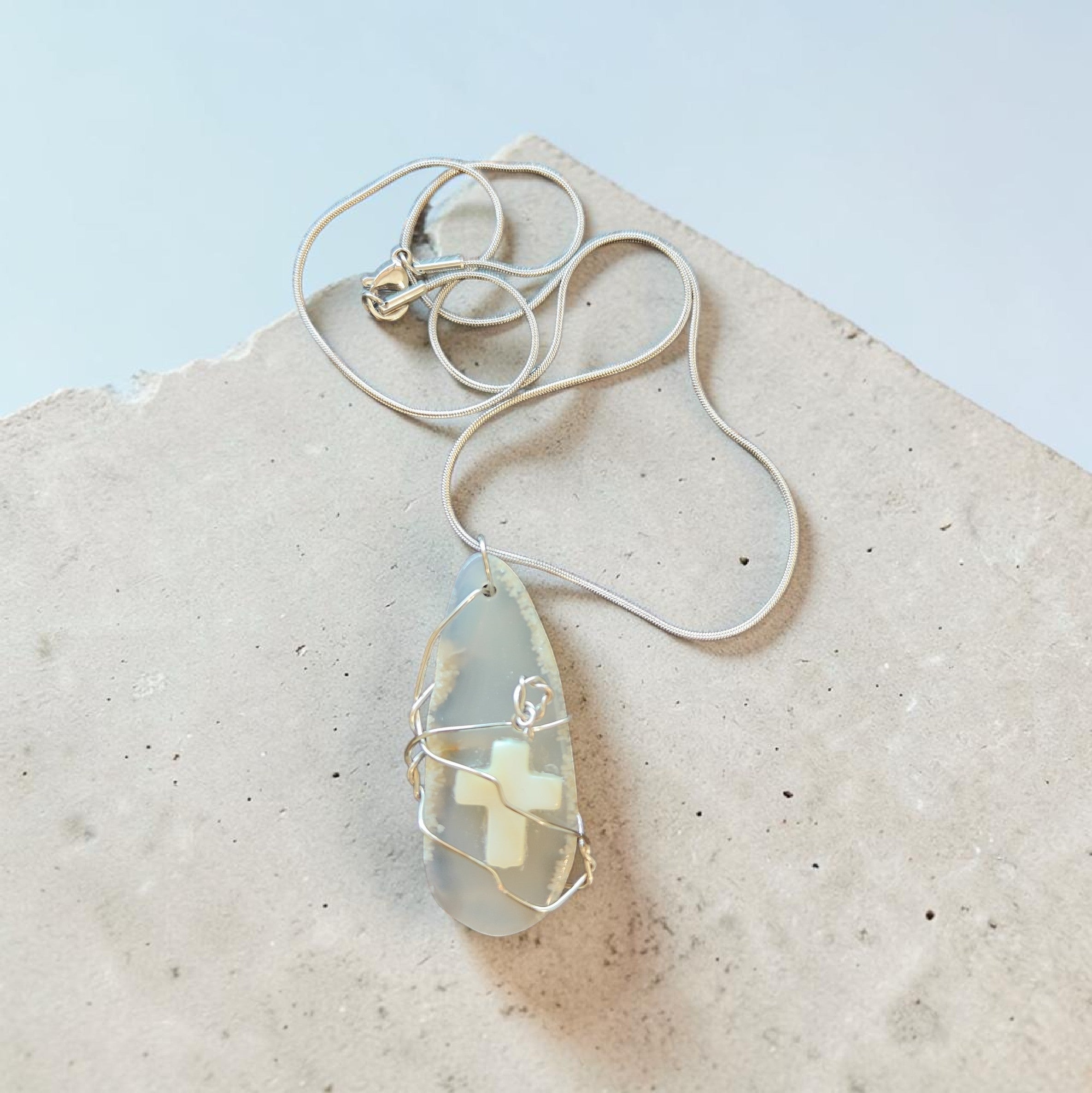 Handcrafted Wire-Wrapped Clear Stone Necklace with Cream Cross Accent