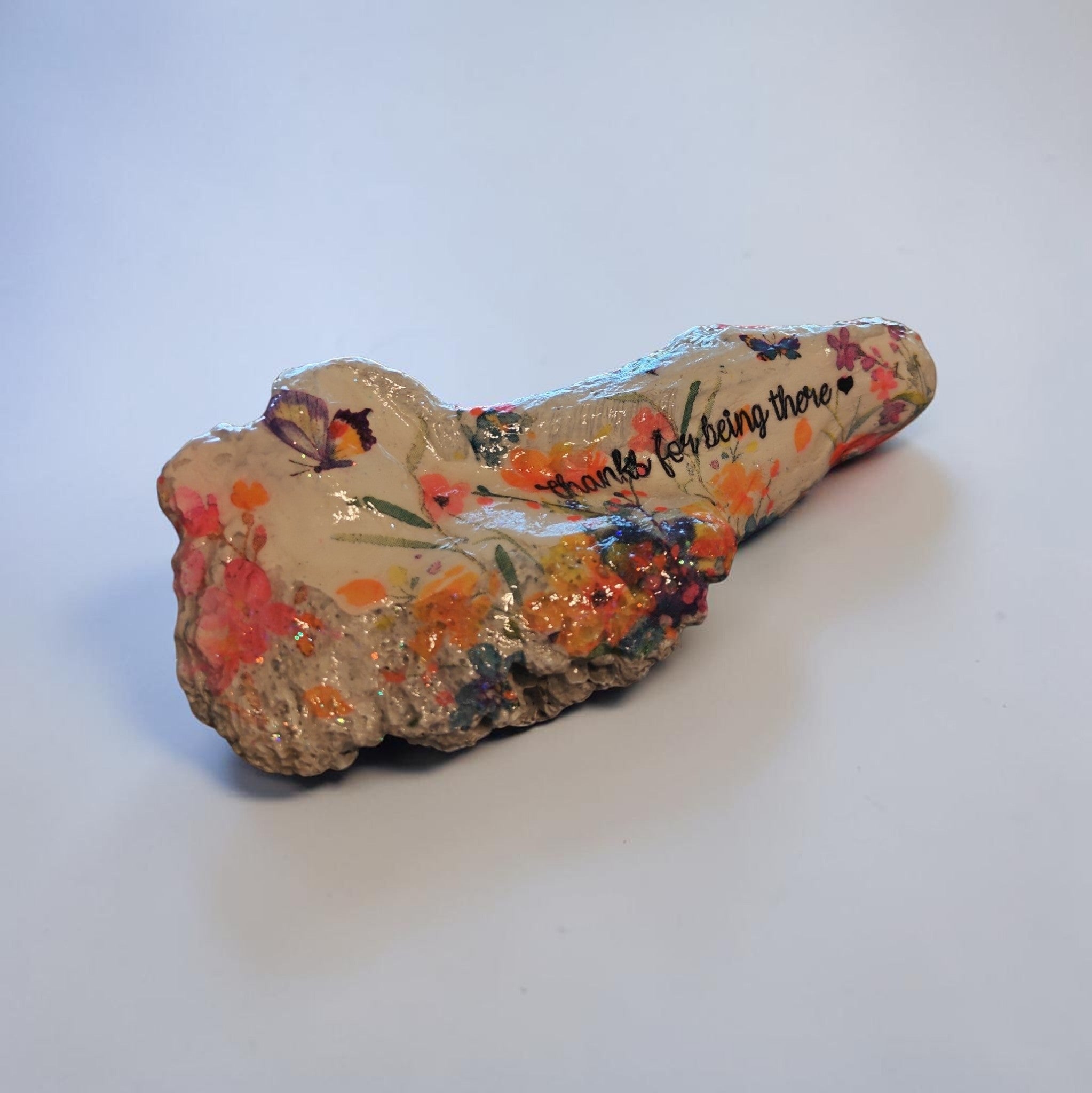 "Thanks For Being There" Spring Flowers and Butterflies Handcrafted Medium Coral Shell
