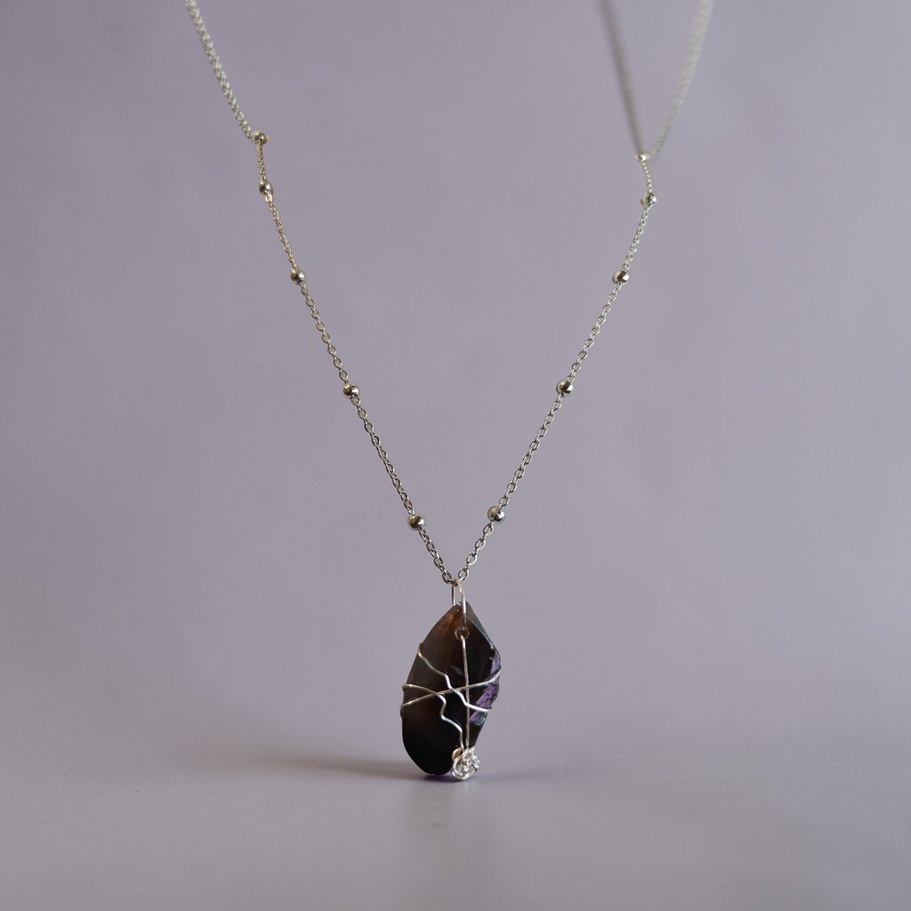 "Fearfully Made" Natural Purple Stone Pendant – Stainless Steel Beaded Chain