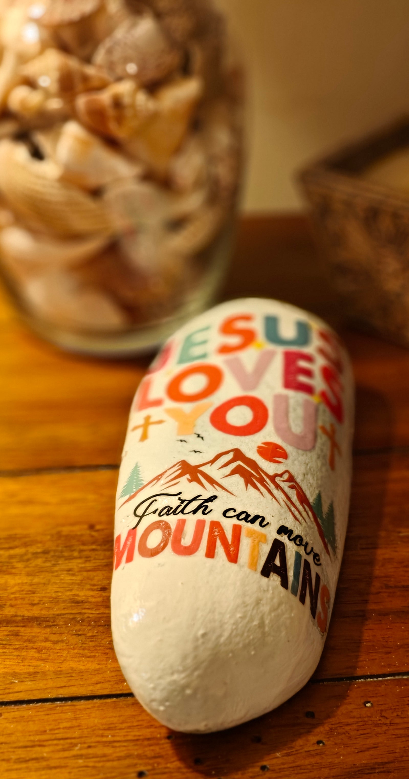 "Faith Can Move Mountains" Large White Garden Stone – Jesus Loves You – Hand-Decorated Scripture Rock