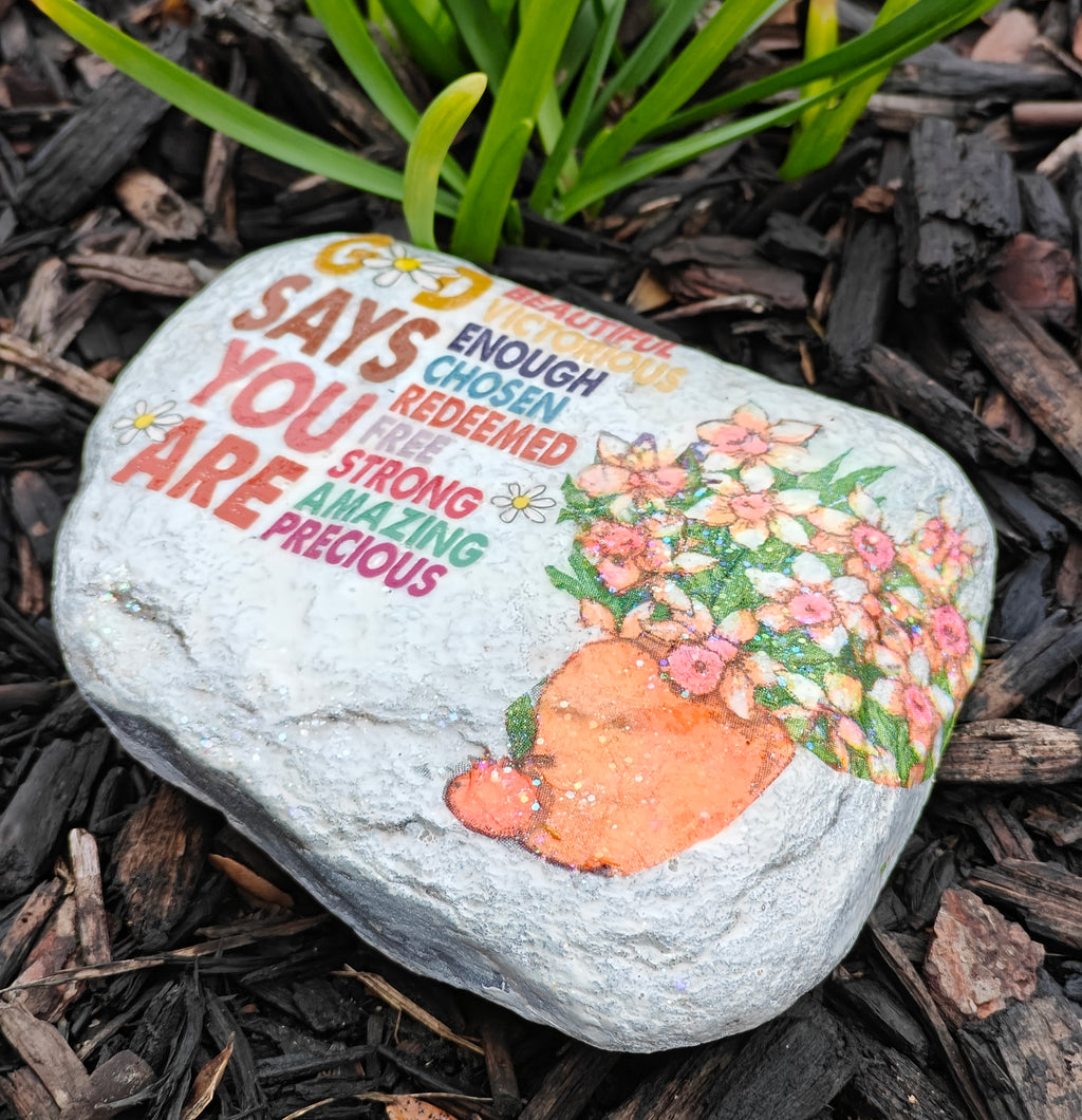 God Says You Are..." Affirmation Garden Stone – Floral Decorative Stepping Stone