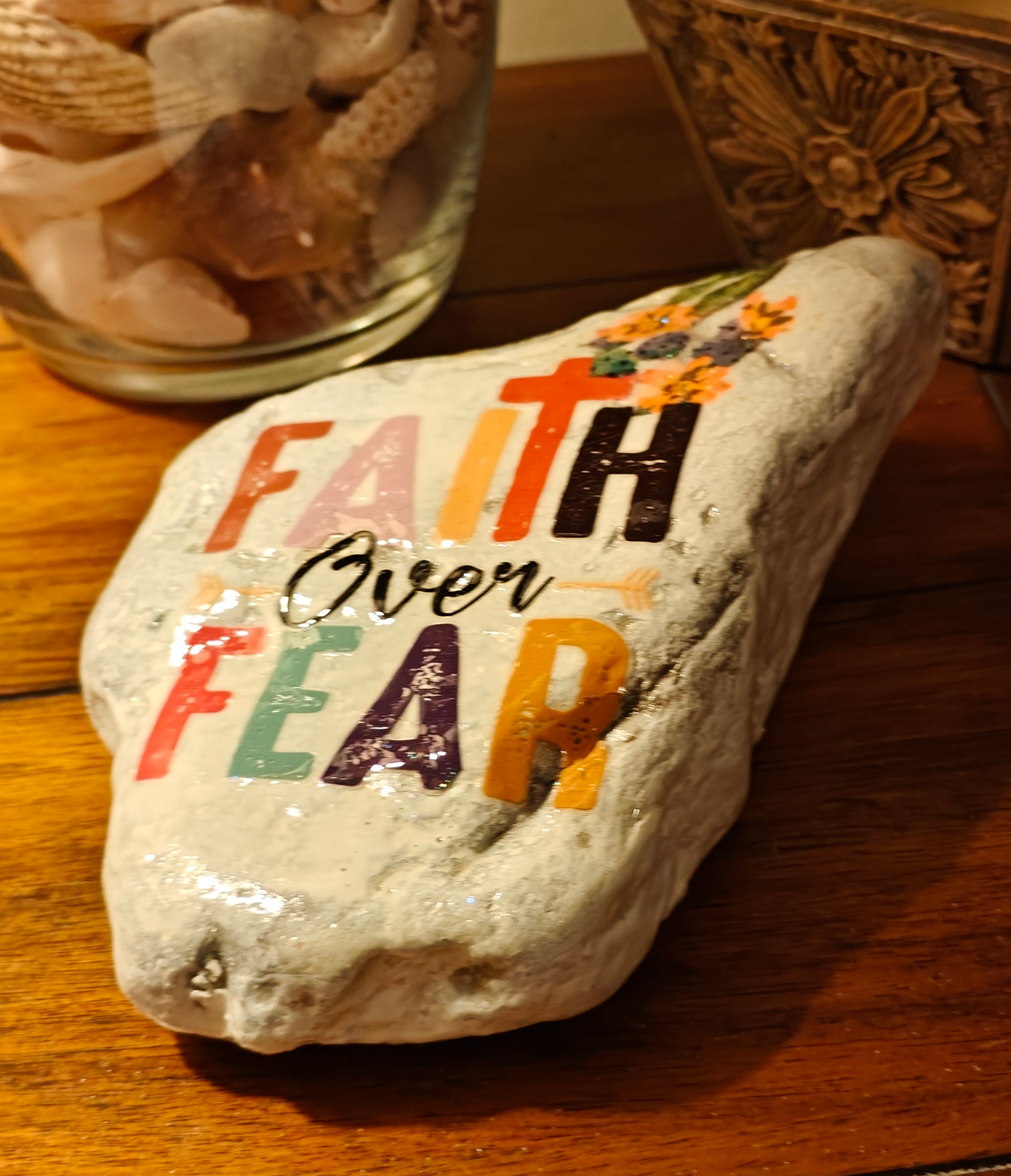 Faith Over Fear" Rustic White Stone – Hand-Decorated Cactus Rock – Colorful Scripture Garden & Office Decor
