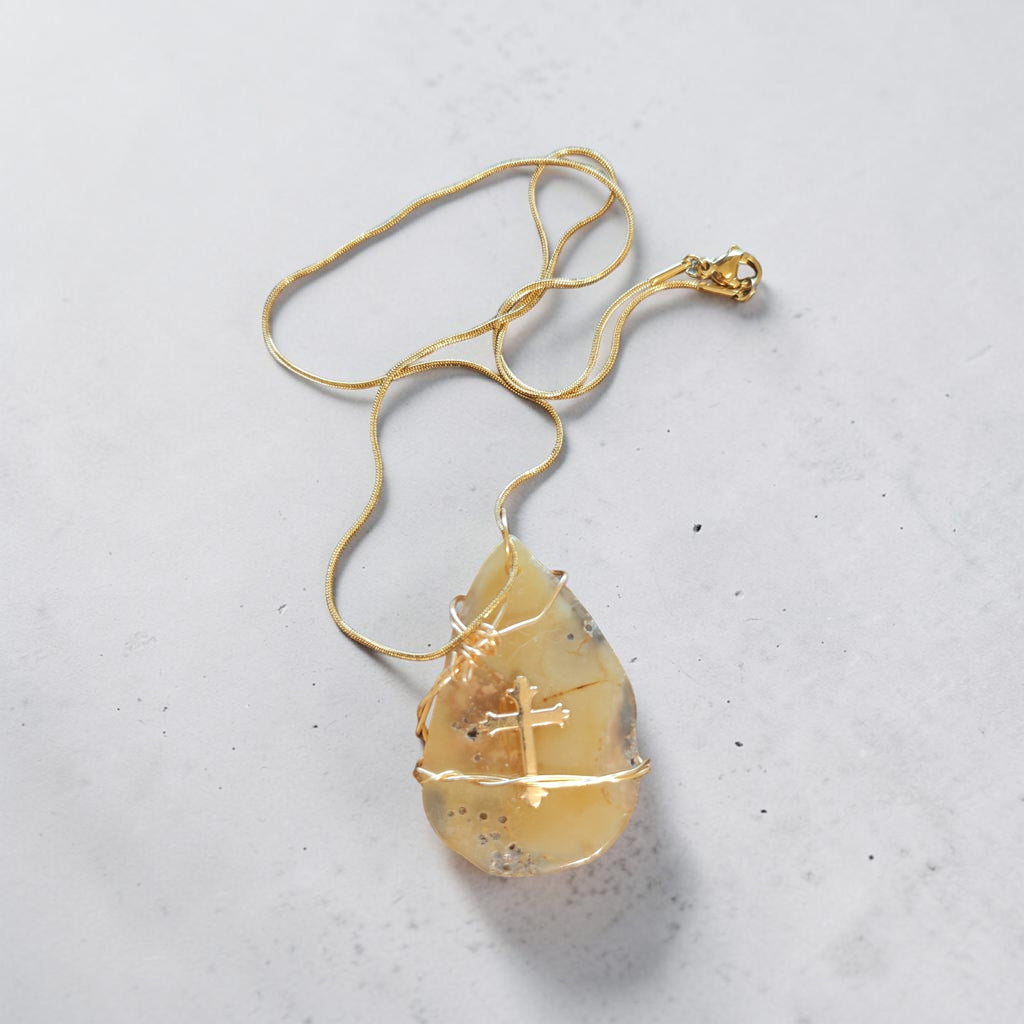 Gold-Plated Wire-Wrapped Honey Stone Cross Necklace – 18" Chain & Prayer Card Gift Set